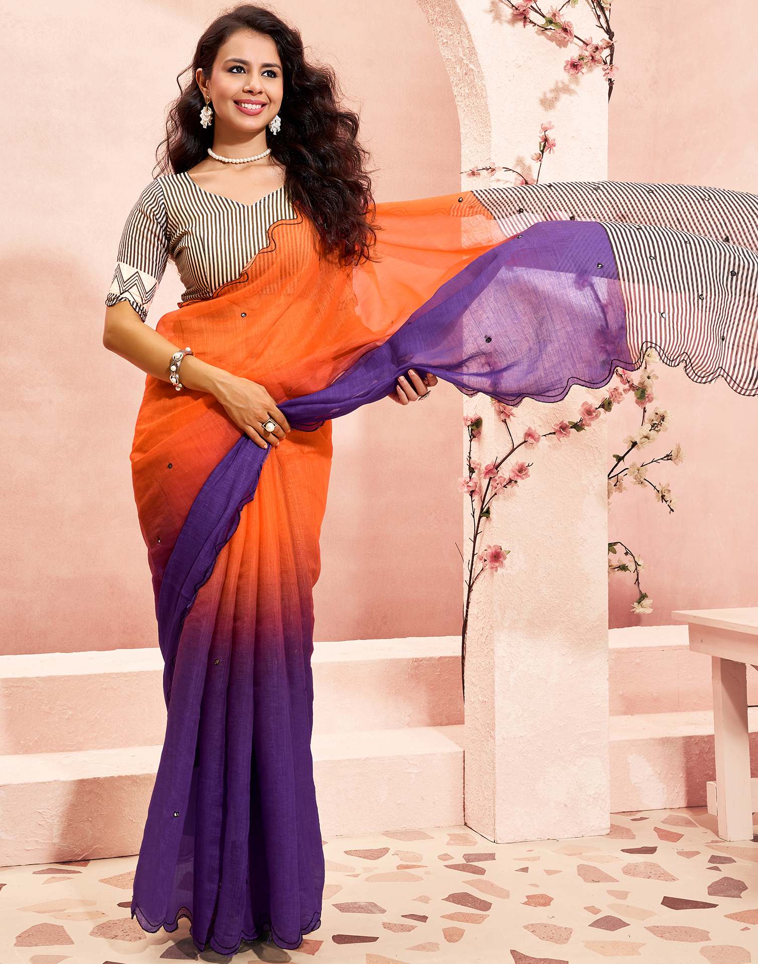 Orange Linen Printed Saree