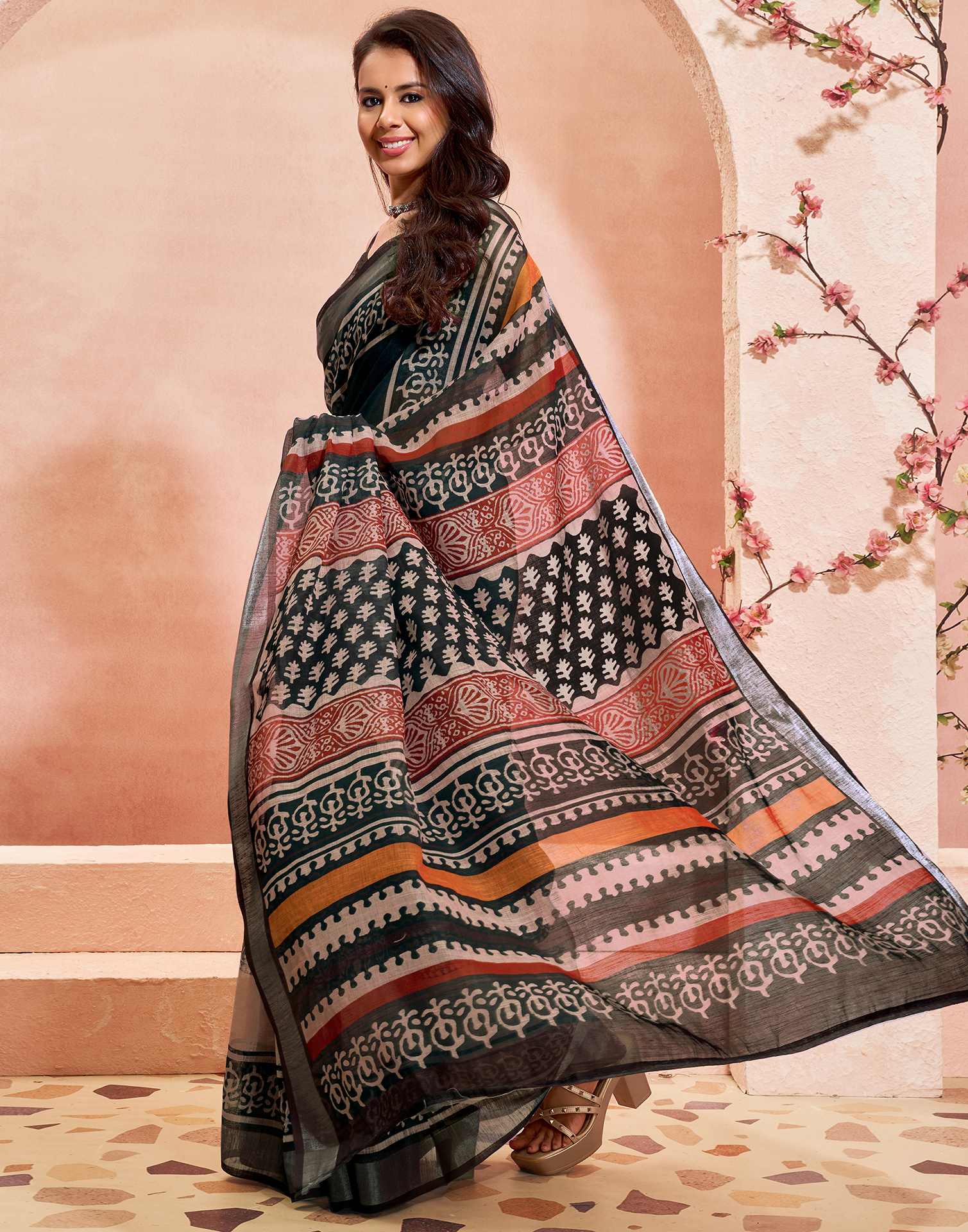 Black Linen Printed Saree