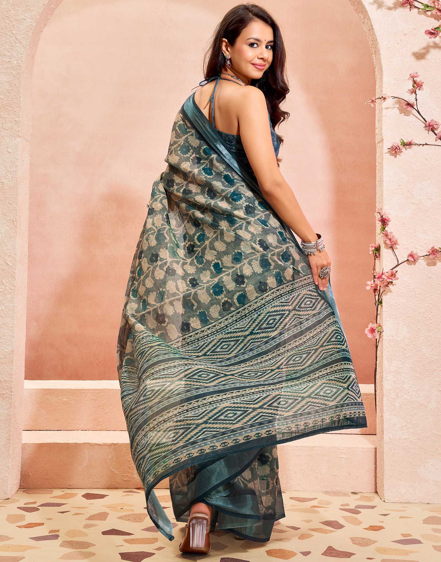 Grey Linen Printed Saree