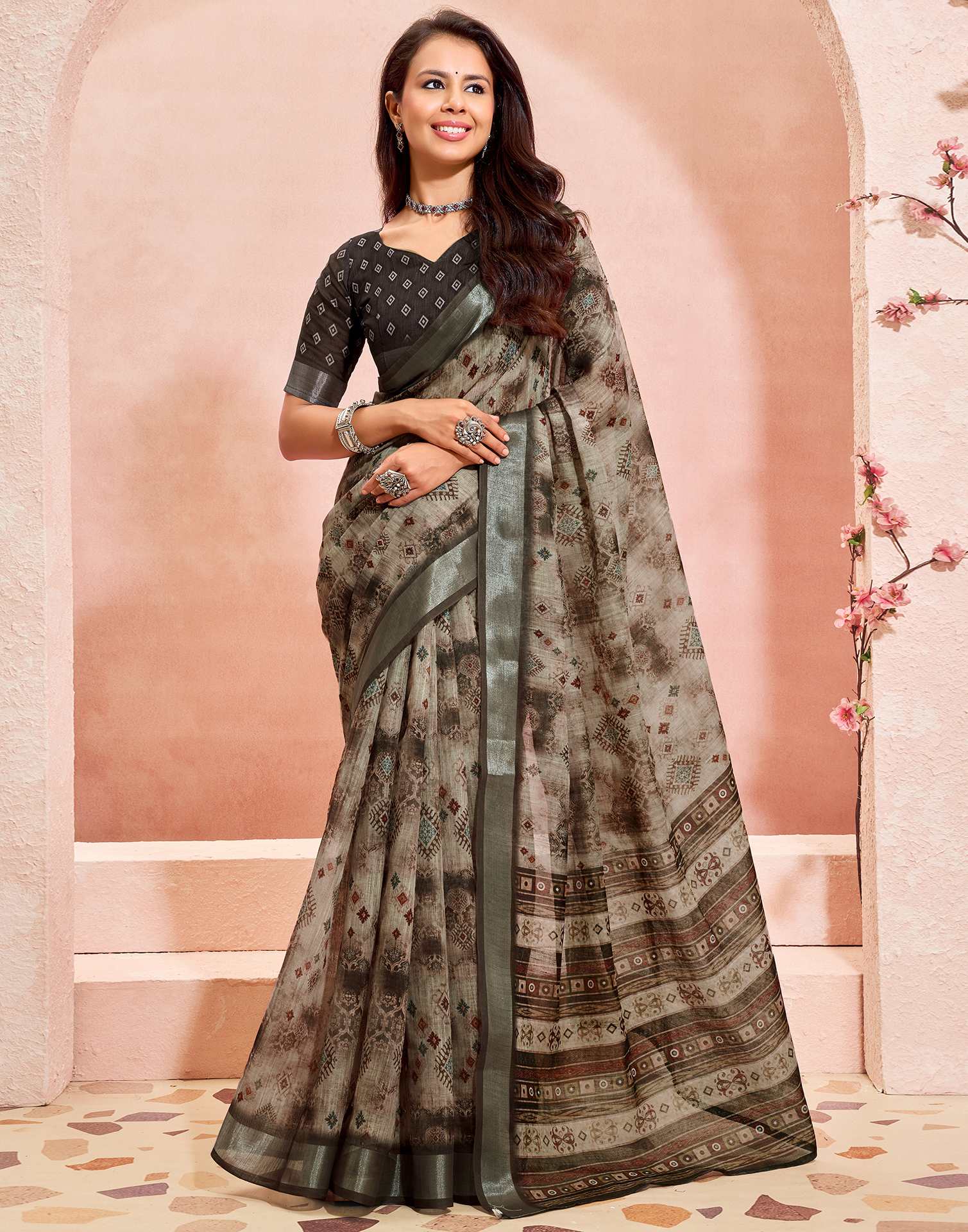 Dusty Beige Linen Printed Saree