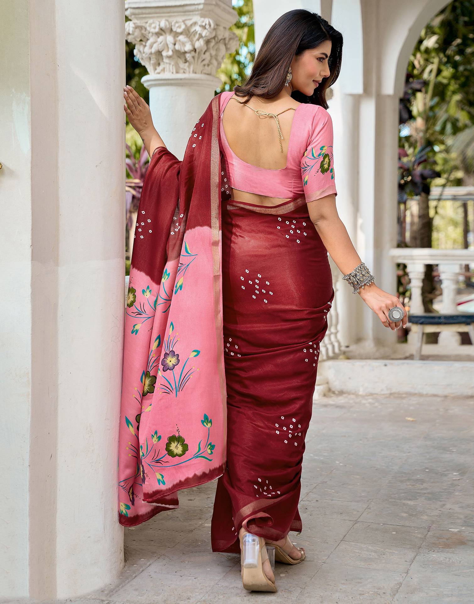 Dark Maroon Silk Printed Bandhani Saree