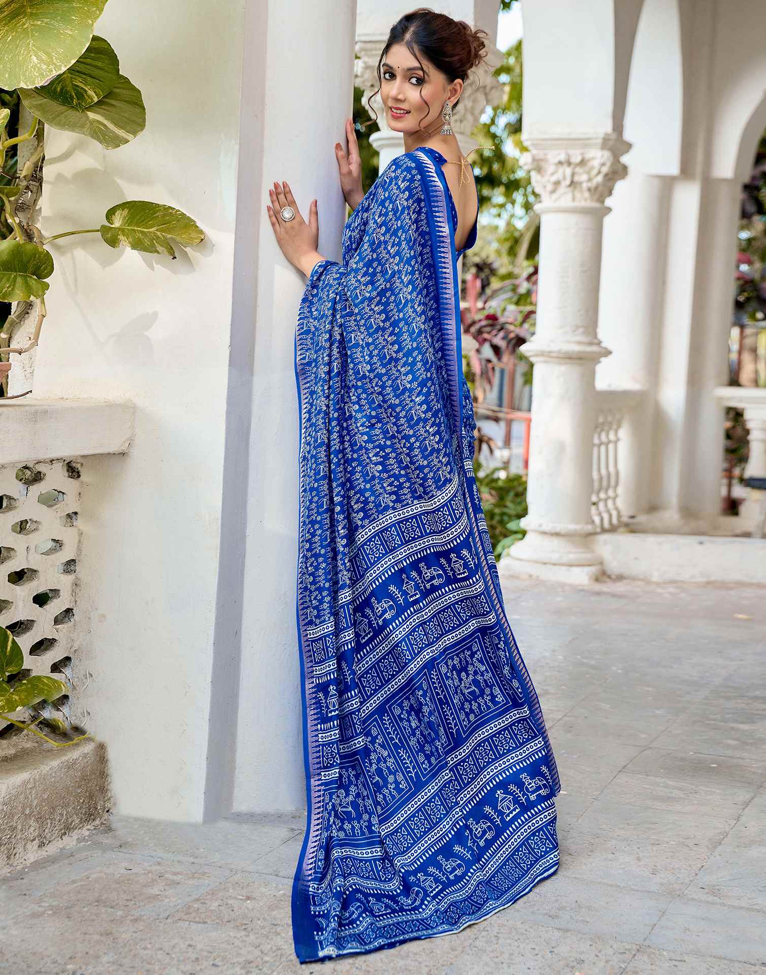 Blue Georgette Warli Printed Saree