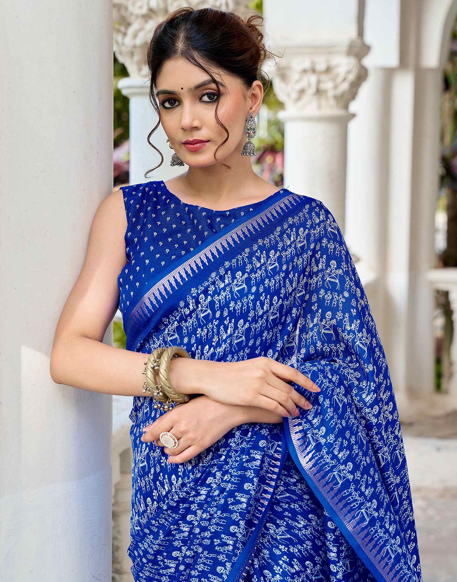 Blue Georgette Warli Printed Saree