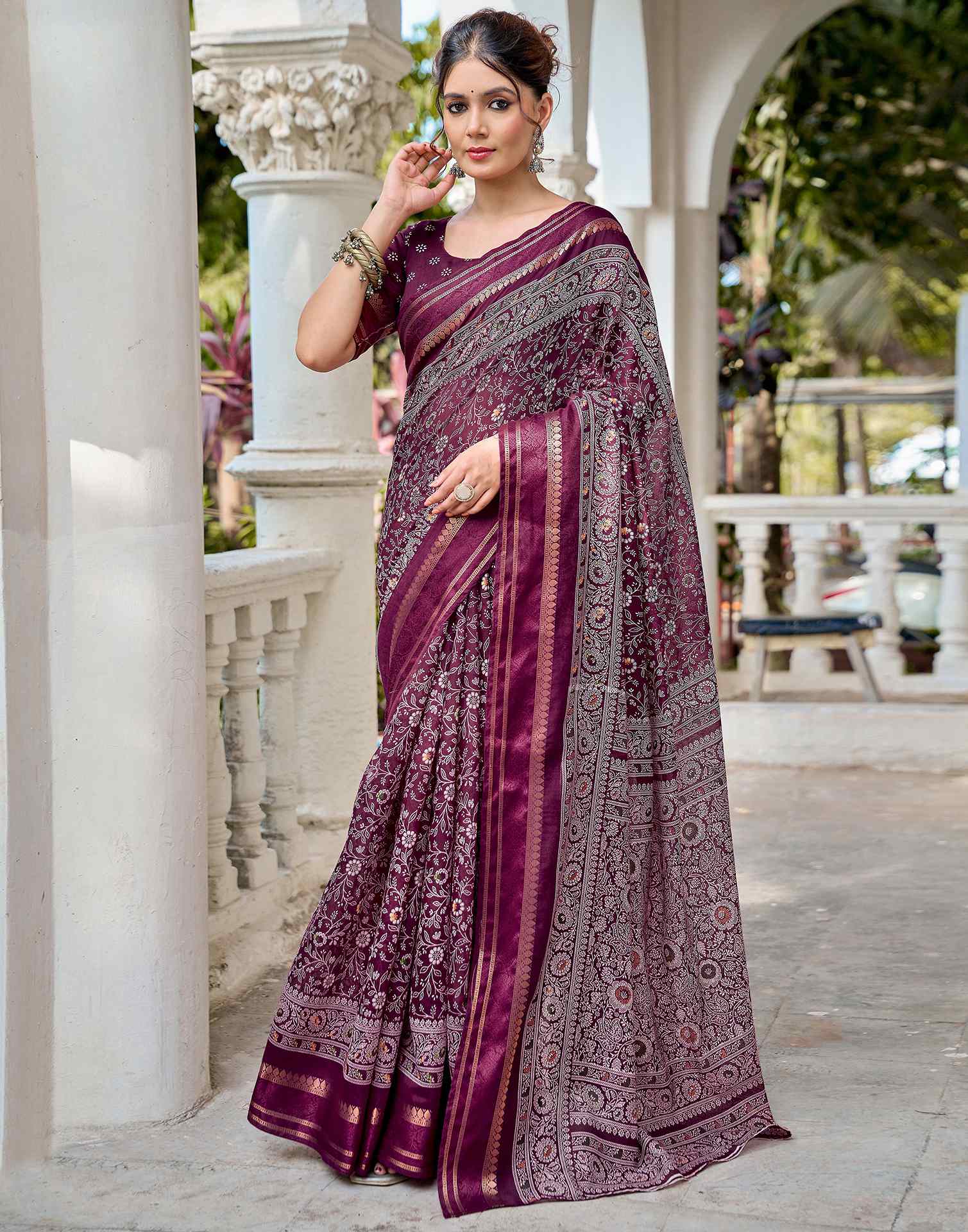 Wine Georgette Printed Saree