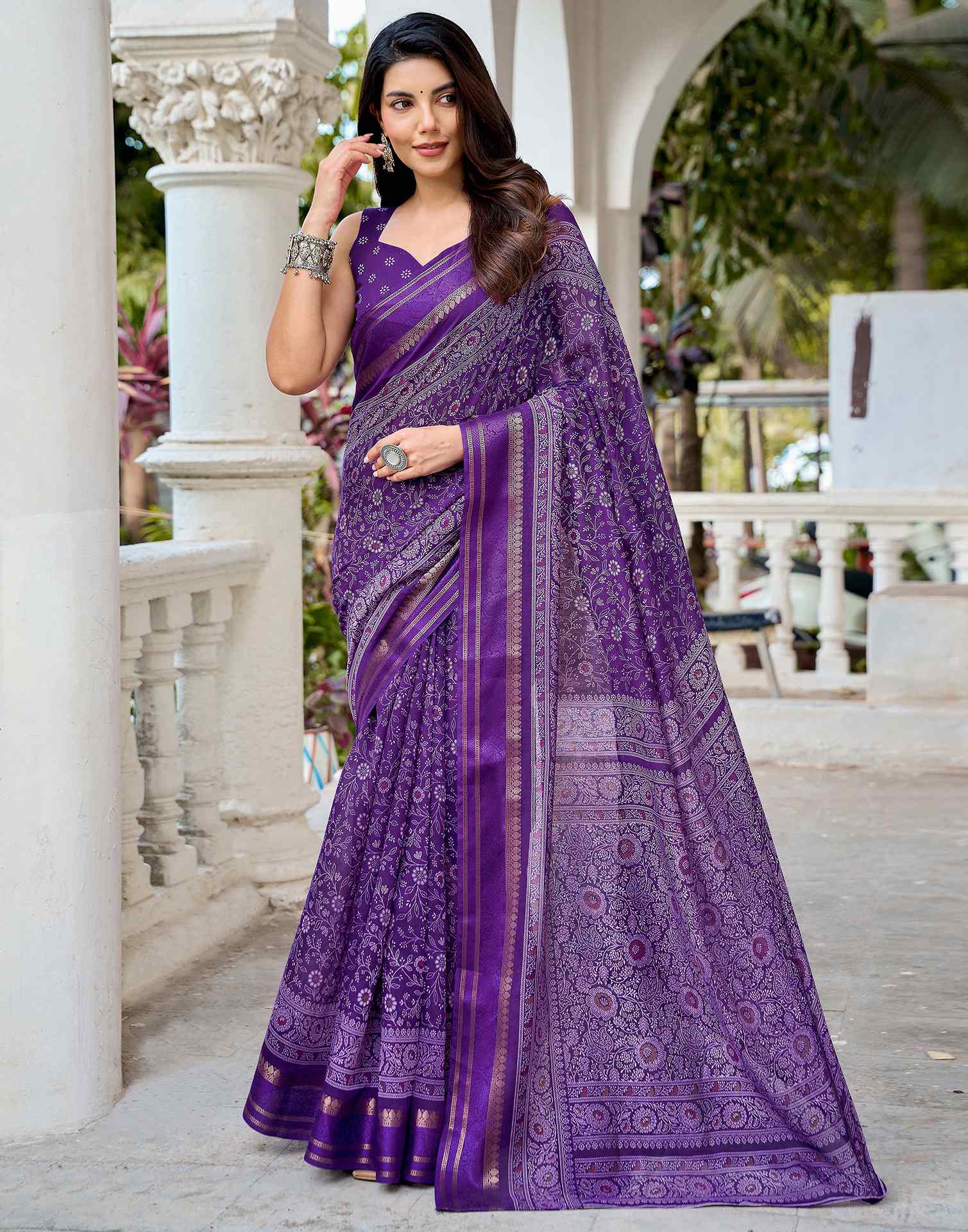 Dark Purple Georgette Printed Saree