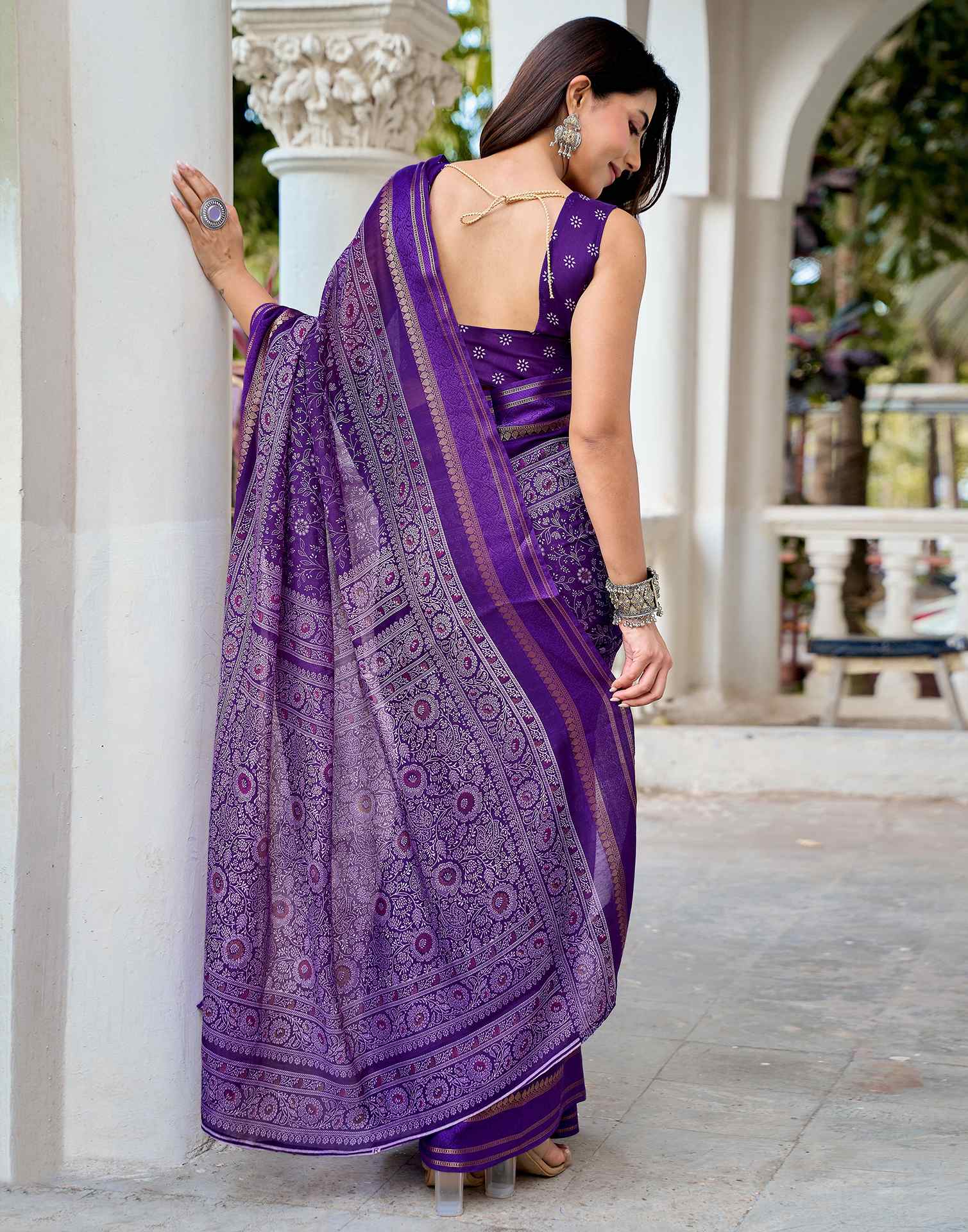 Dark Purple Georgette Printed Saree