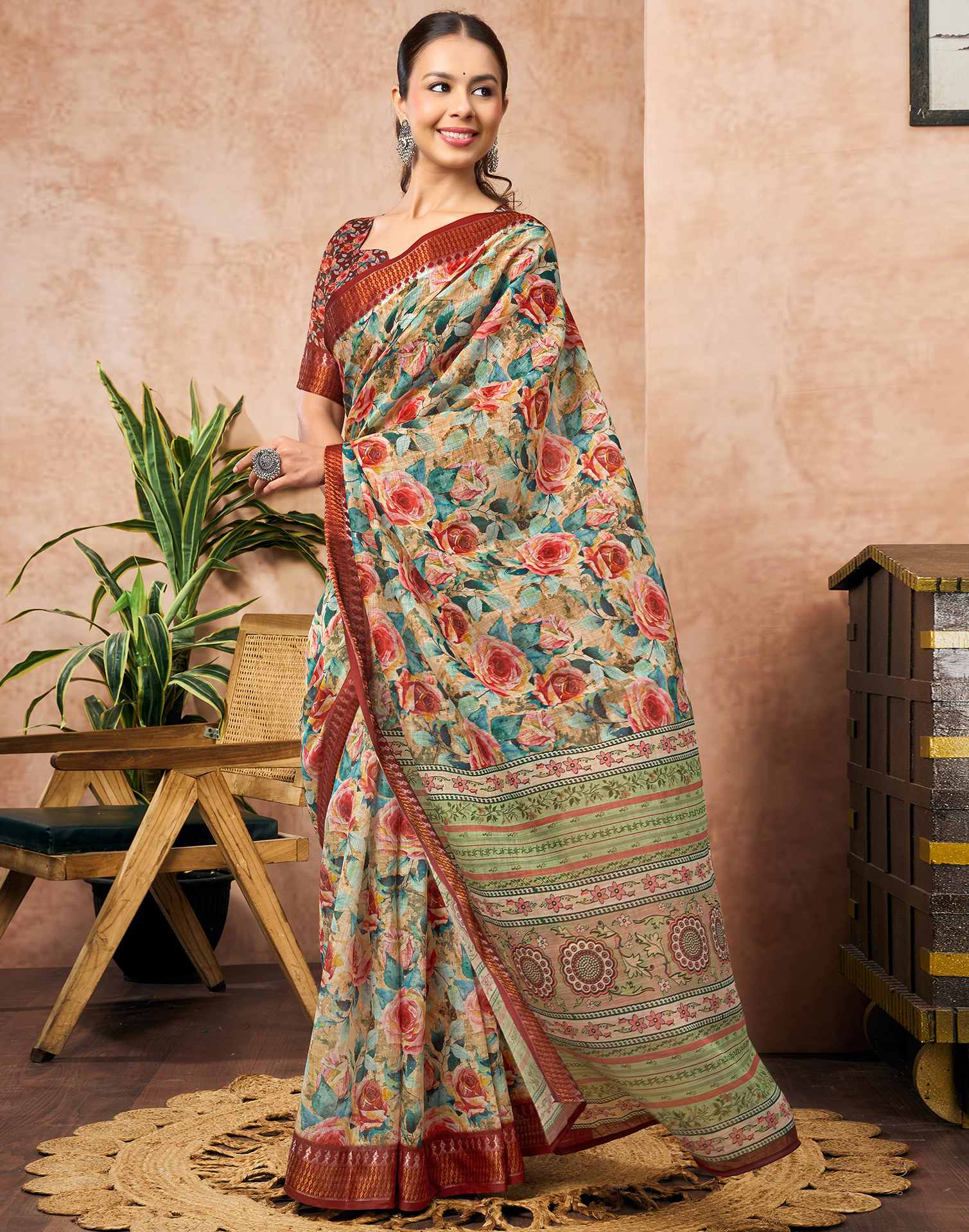 Beige Linen Woven Border Floral Printed Saree
