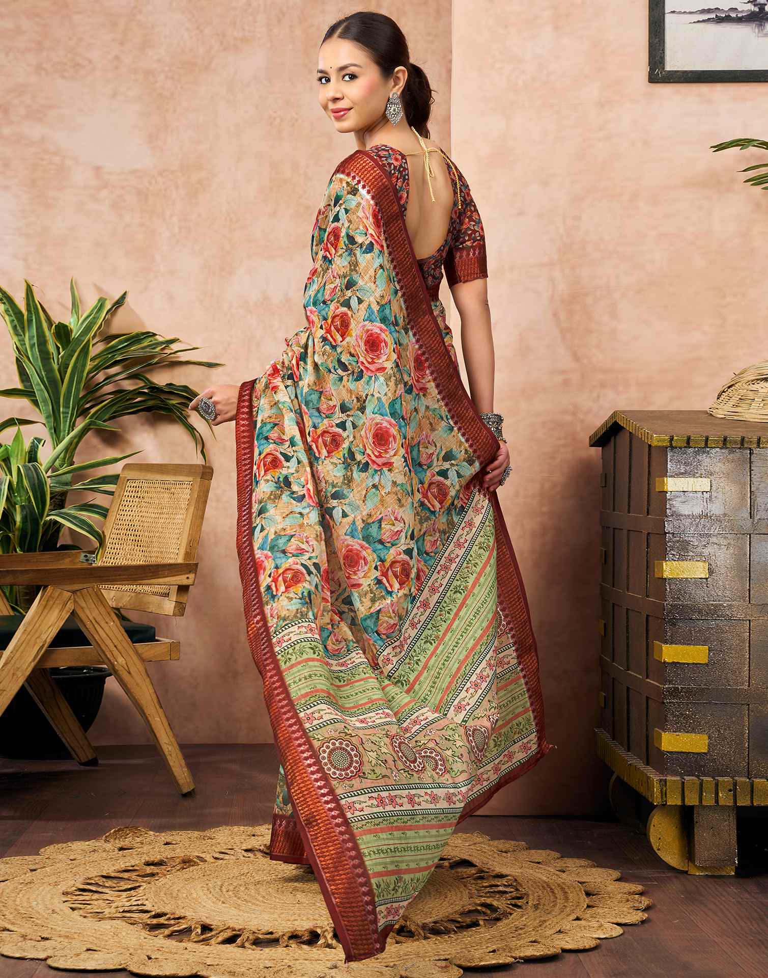 Beige Linen Woven Border Floral Printed Saree