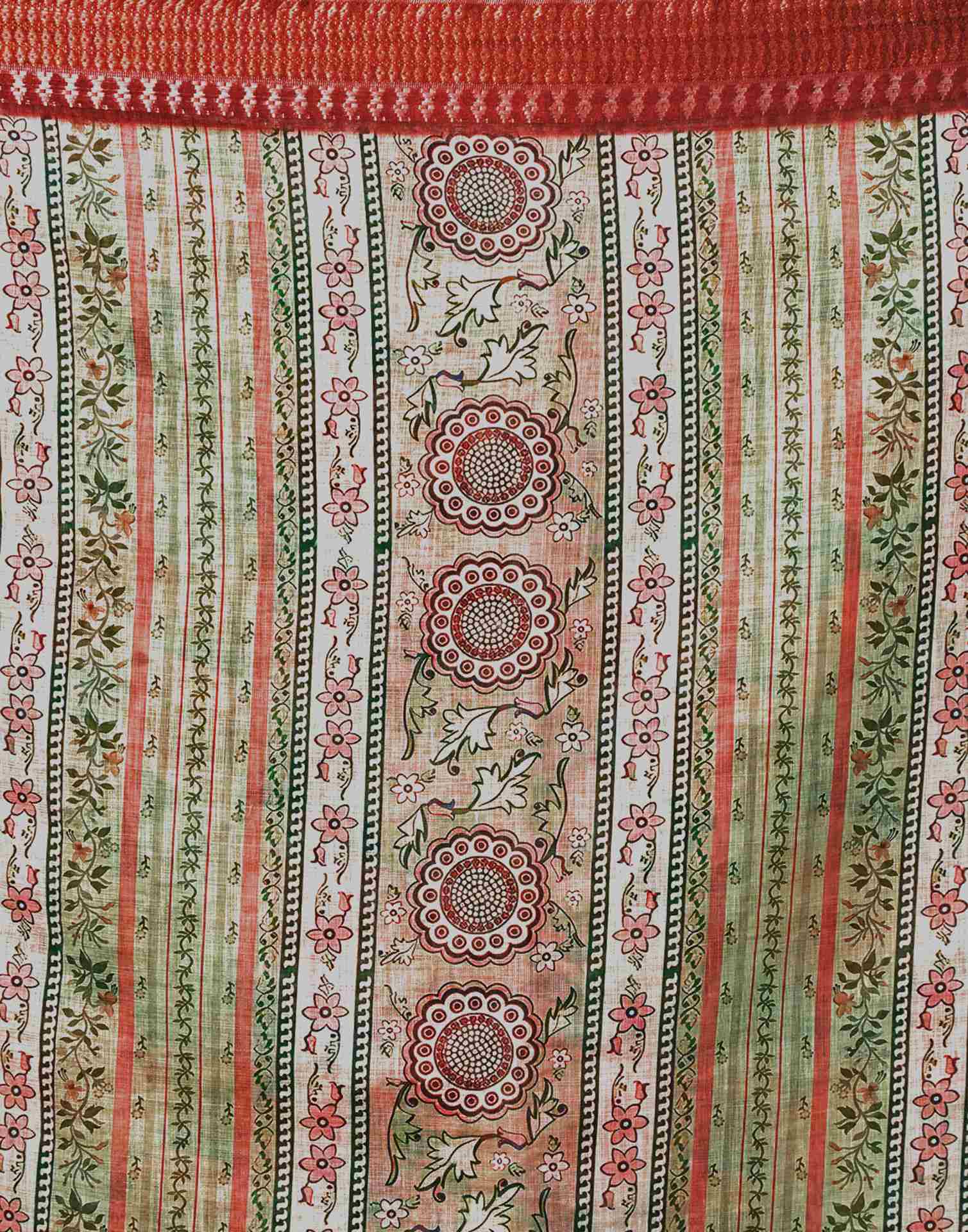 Beige Linen Woven Border Floral Printed Saree