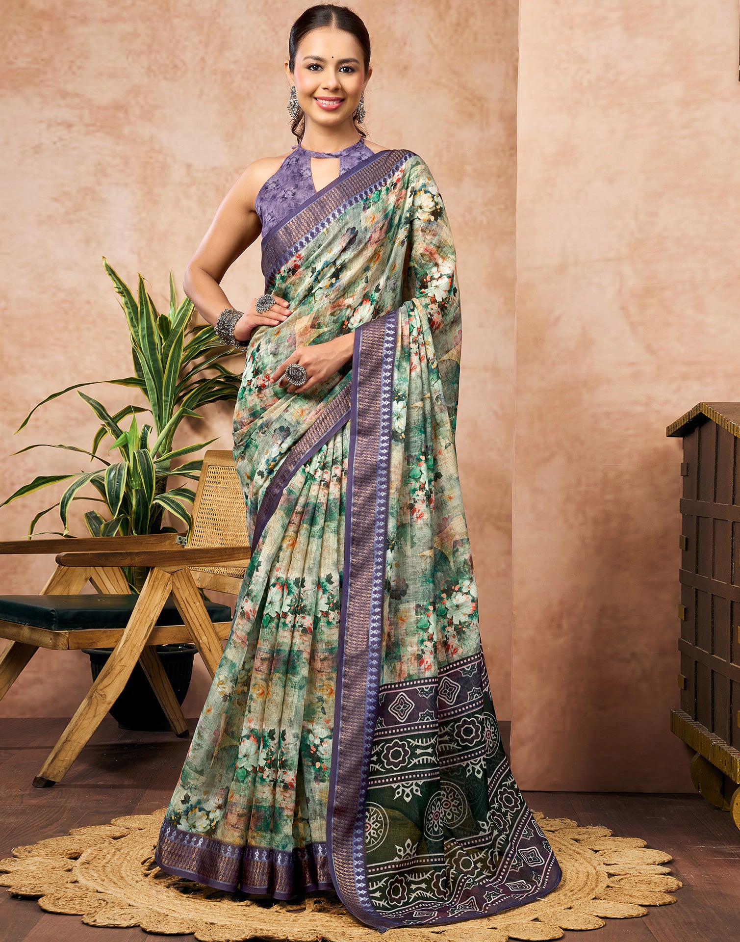 Pista Green Linen Woven Border Floral Printed Saree