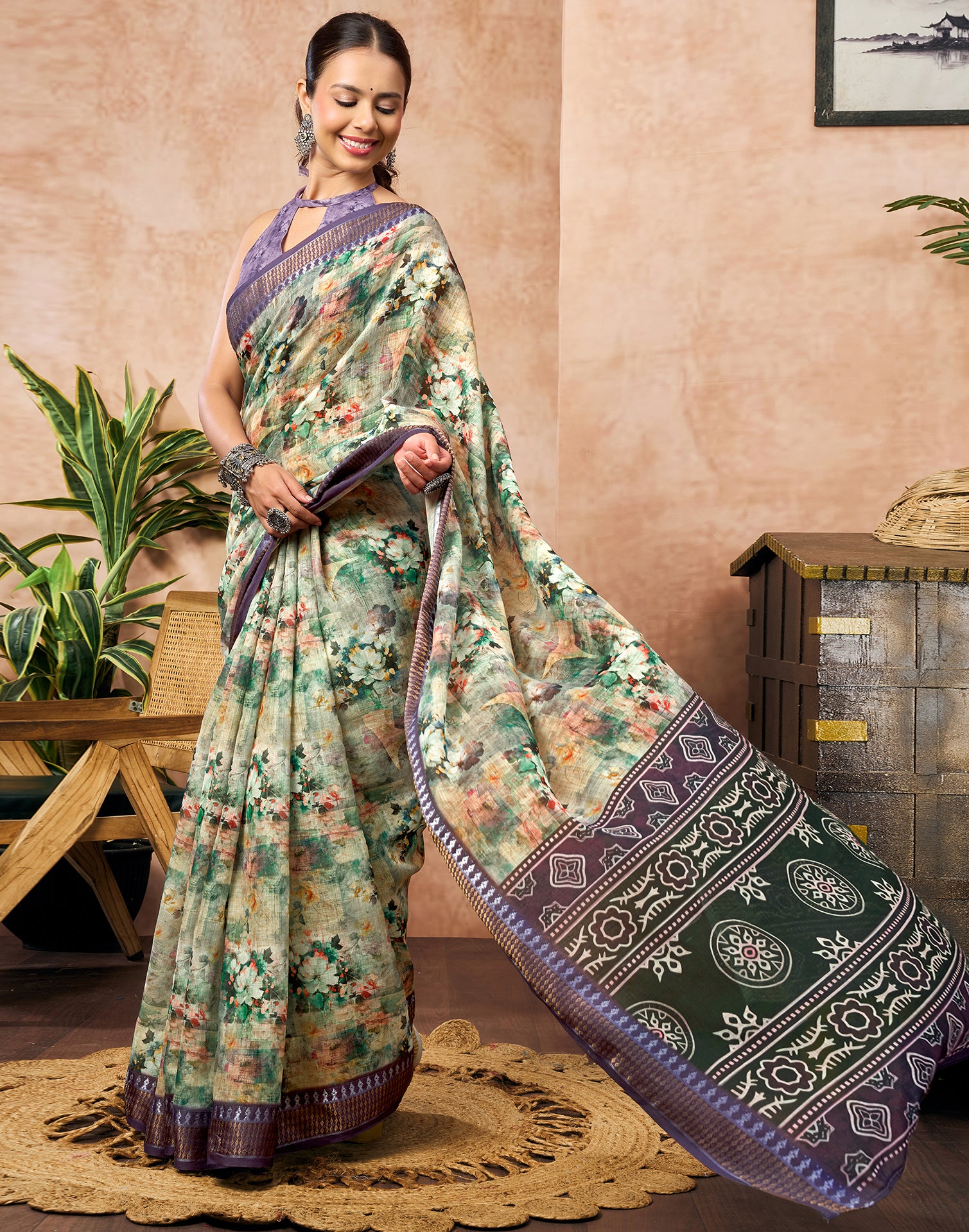 Pista Green Linen Woven Border Floral Printed Saree