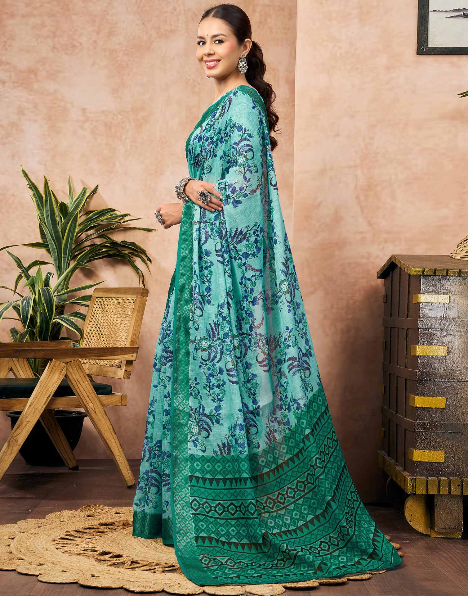 Turquoise Blue Linen Woven Border Floral Printed Saree