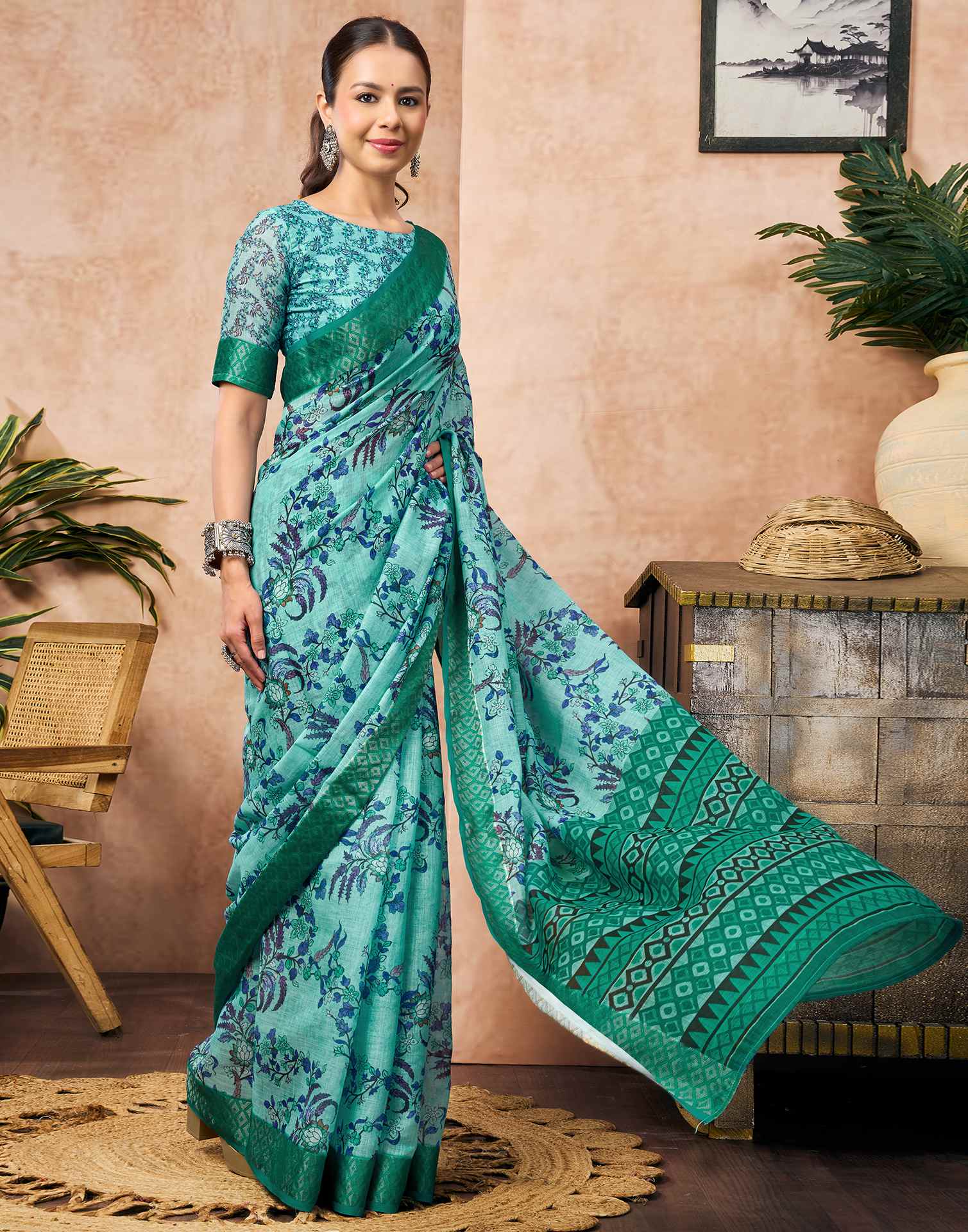 Turquoise Blue Linen Woven Border Floral Printed Saree