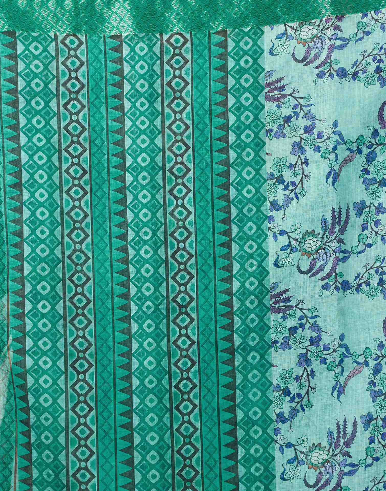 Turquoise Blue Linen Woven Border Floral Printed Saree