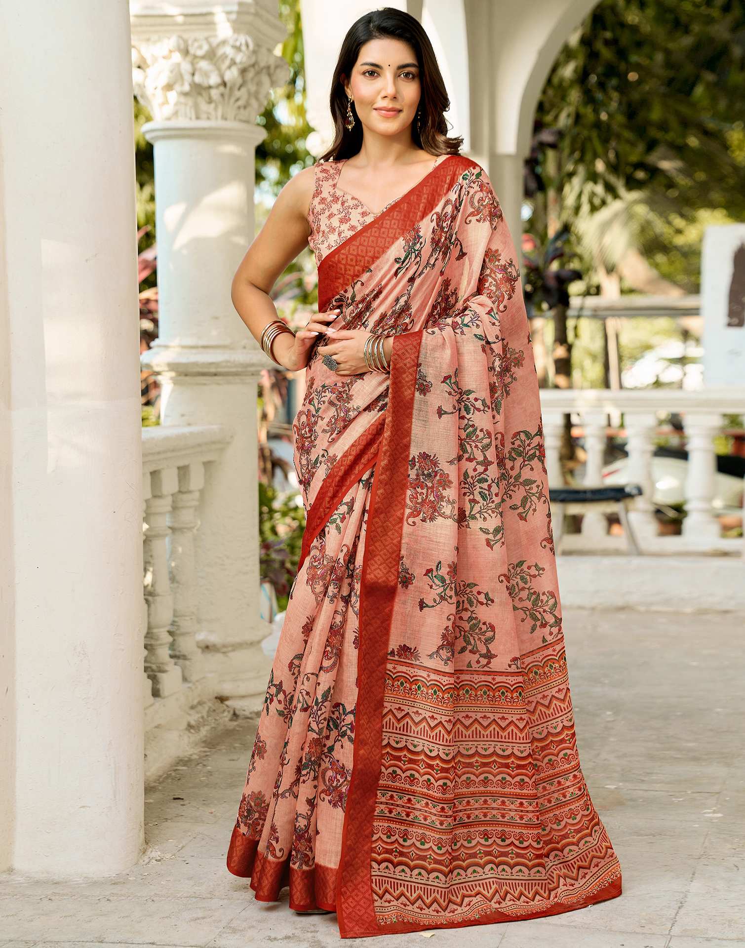 Beige Linen Woven Border Printed Saree