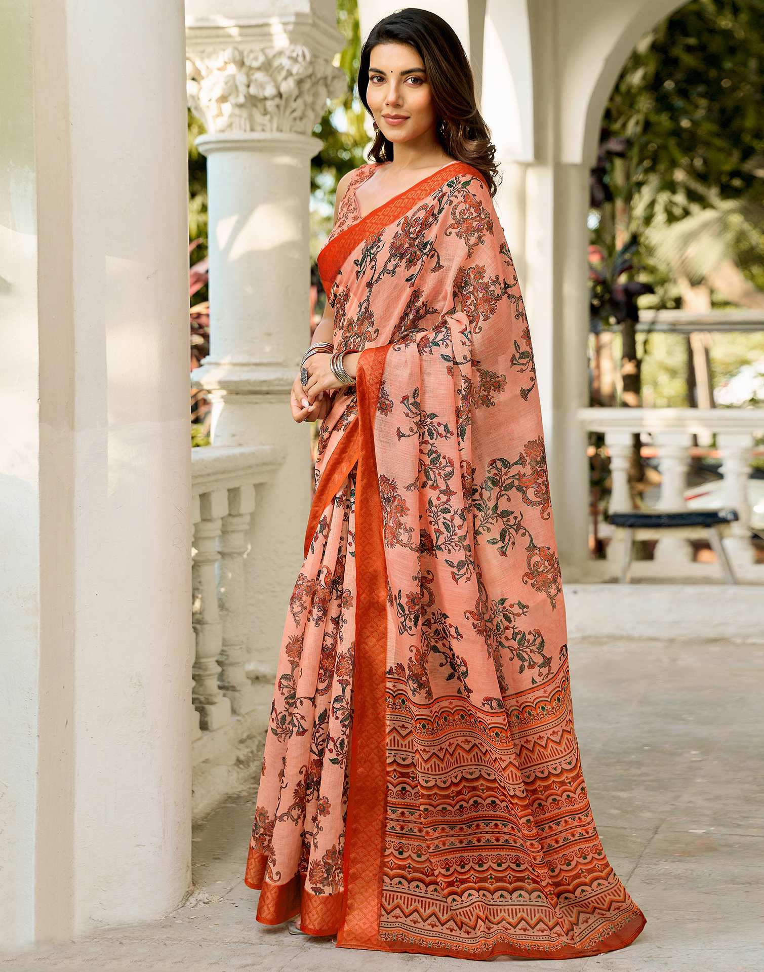 Beige Linen Woven Border Printed Saree