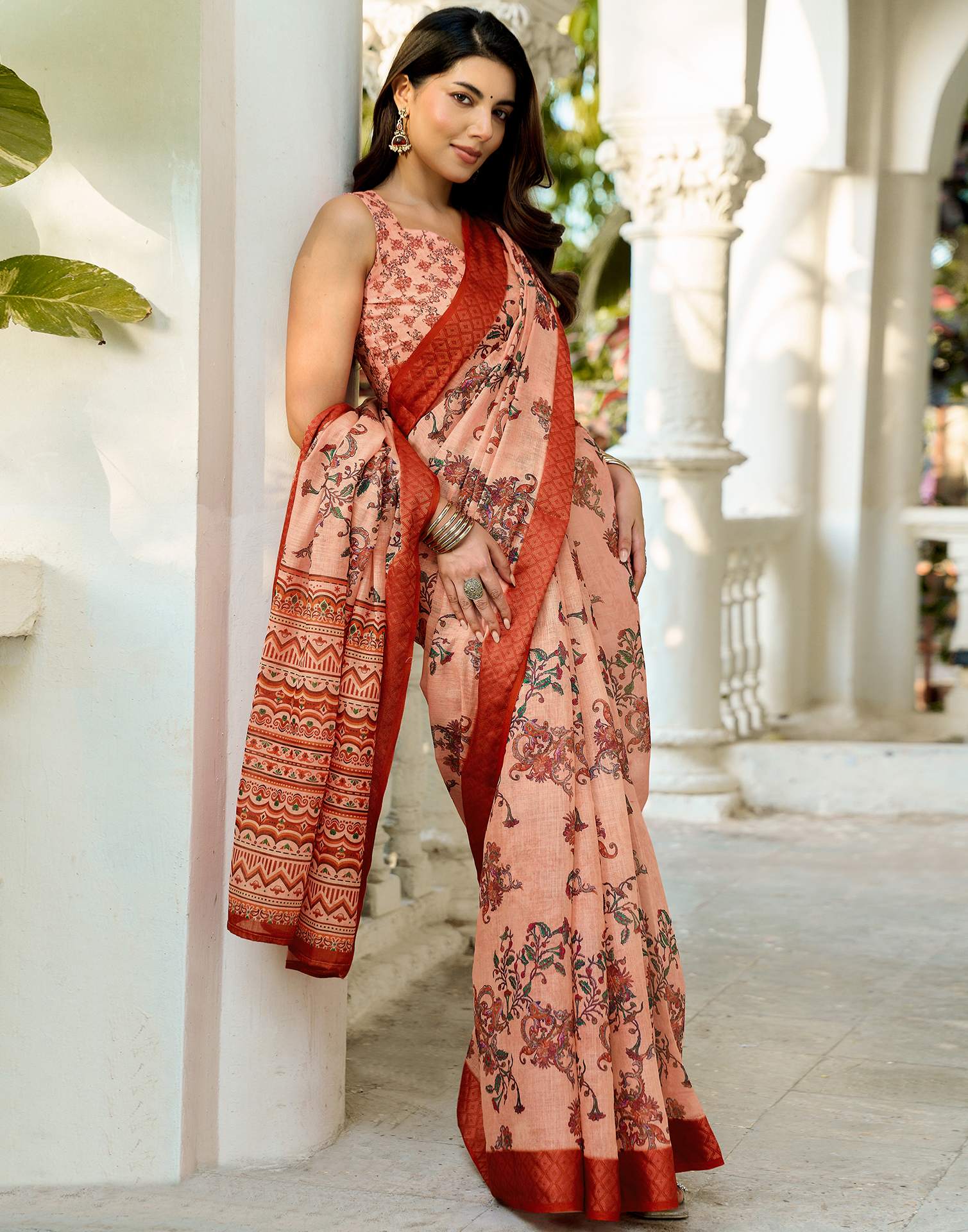 Beige Linen Woven Border Printed Saree