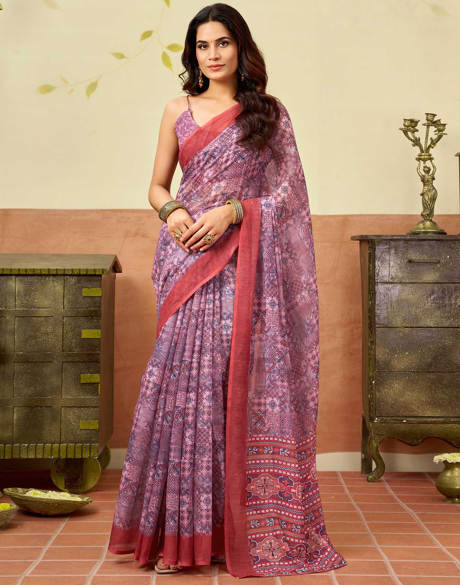 Pink Linen Printed Saree