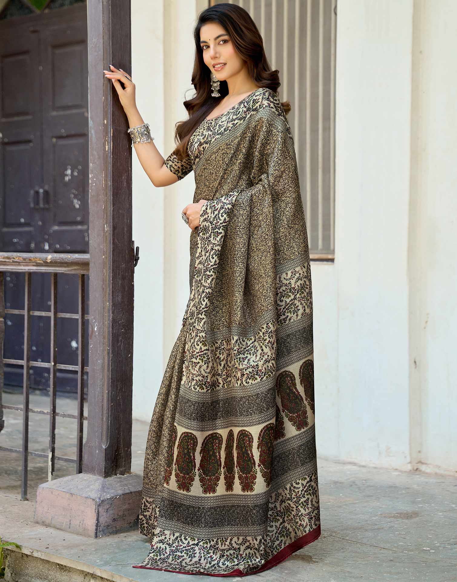 Dark Beige Khadi Printed Saree
