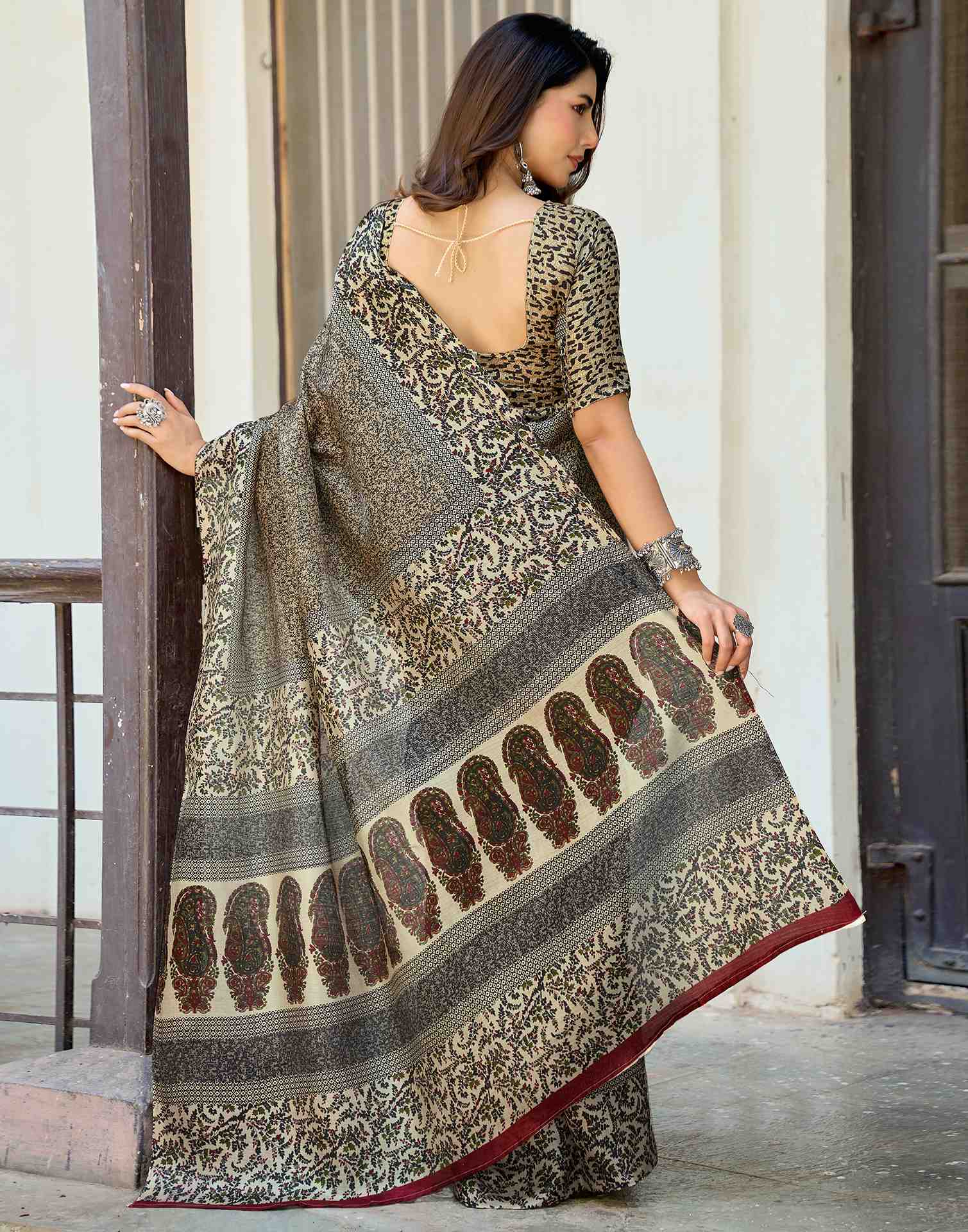 Dark Beige Khadi Printed Saree