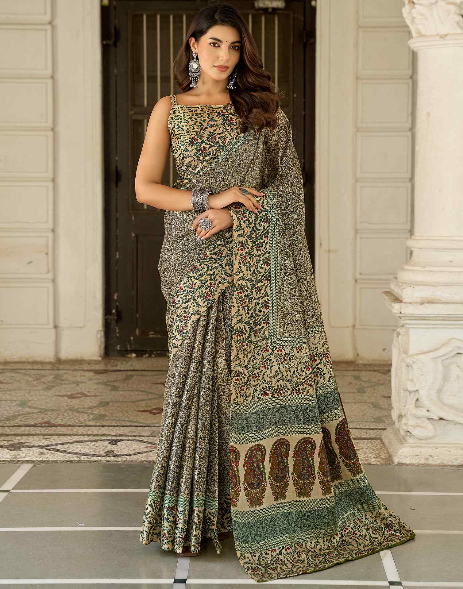 Dark Beige Khadi Printed Saree