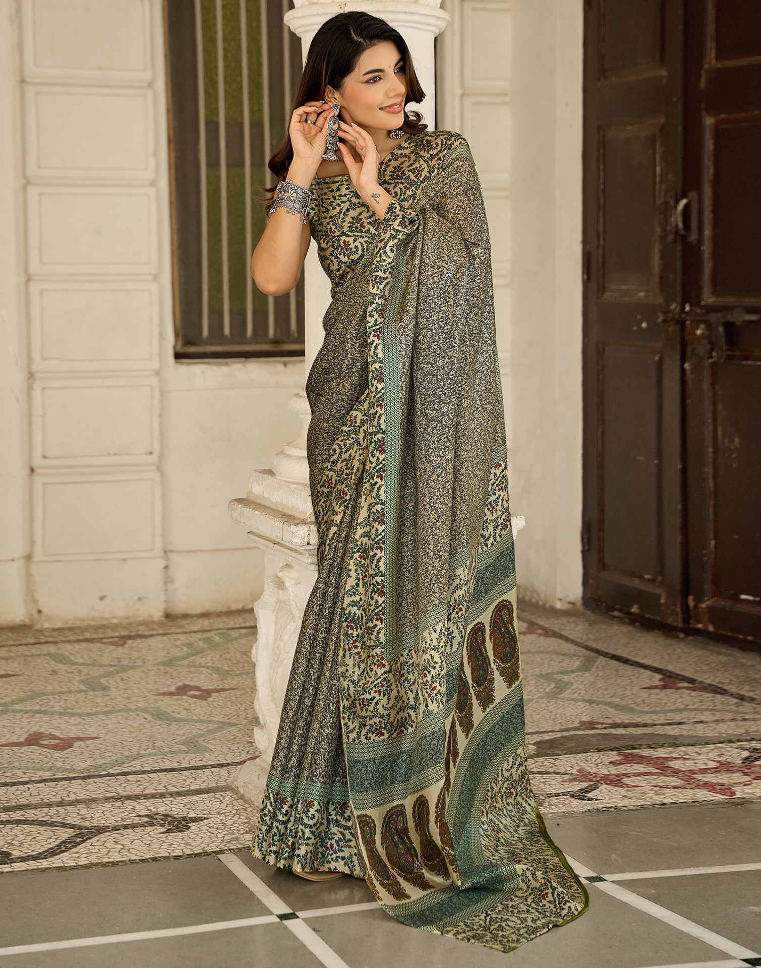 Dark Beige Khadi Printed Saree