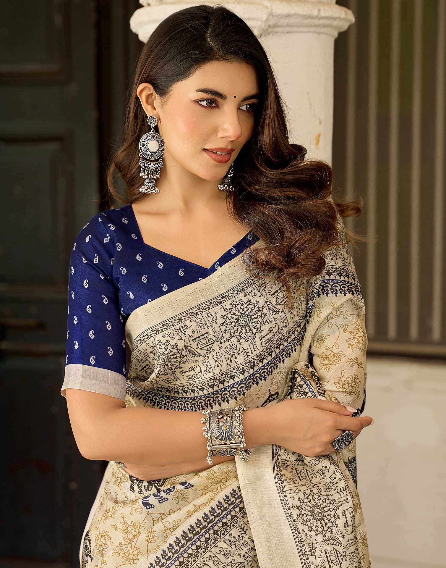 Beige Khadi Printed Saree