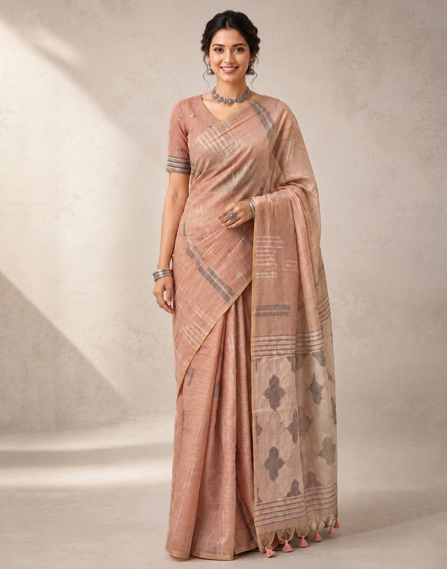 Light Peach Cotton Silk Woven Handloom Saree