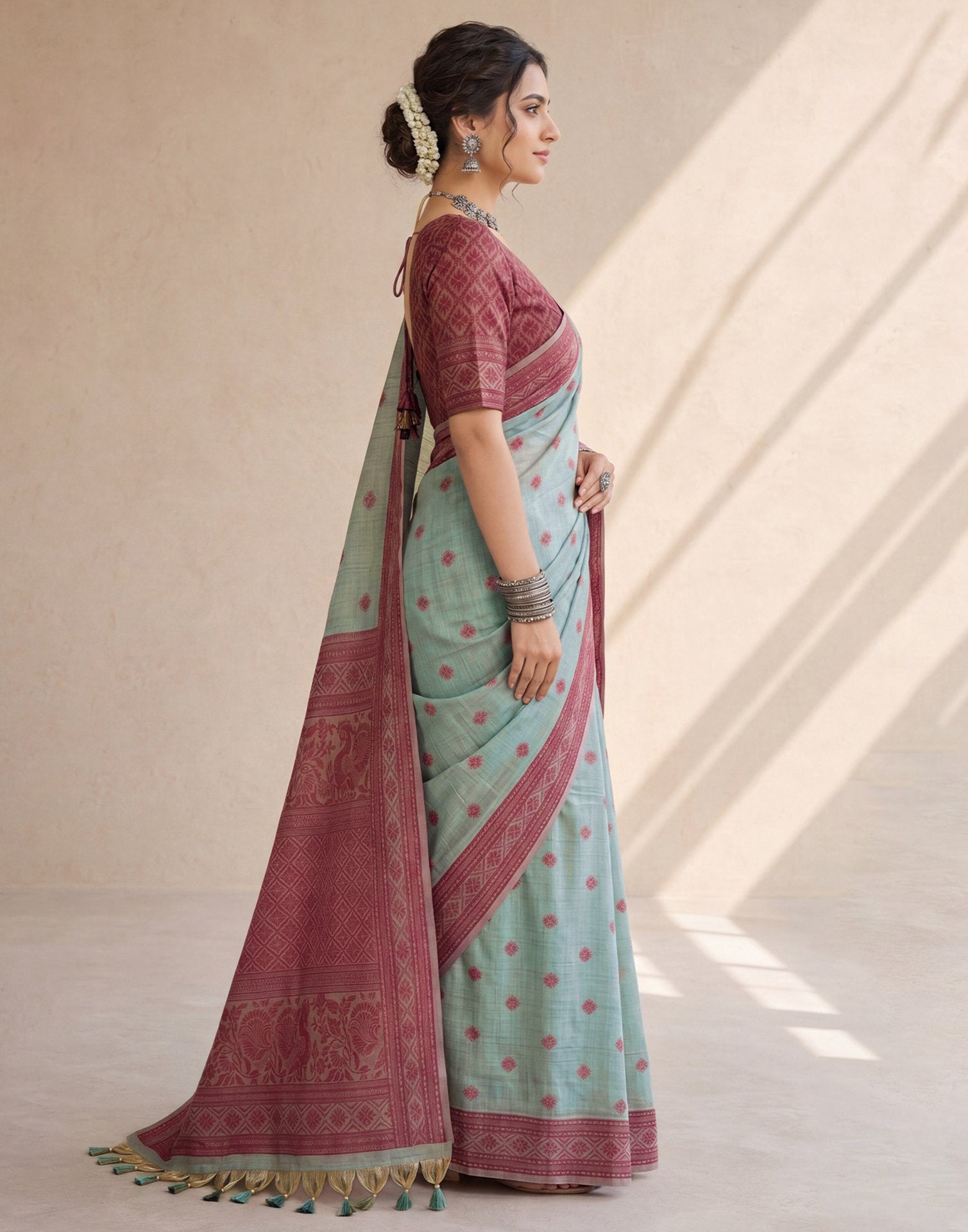 Dusty Blue Mint Cotton Silk Woven Saree