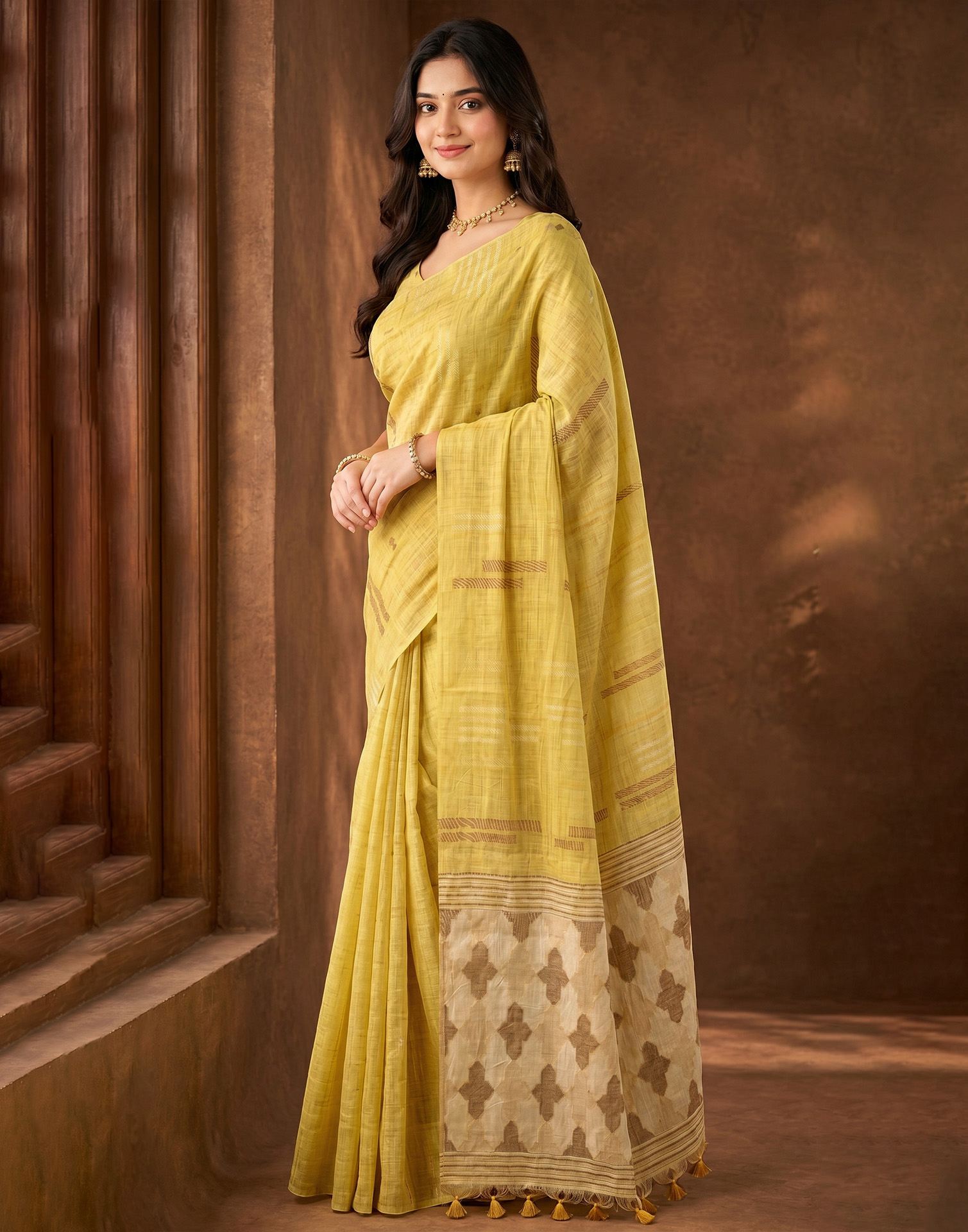 Light Yellow Cotton Silk Woven Saree