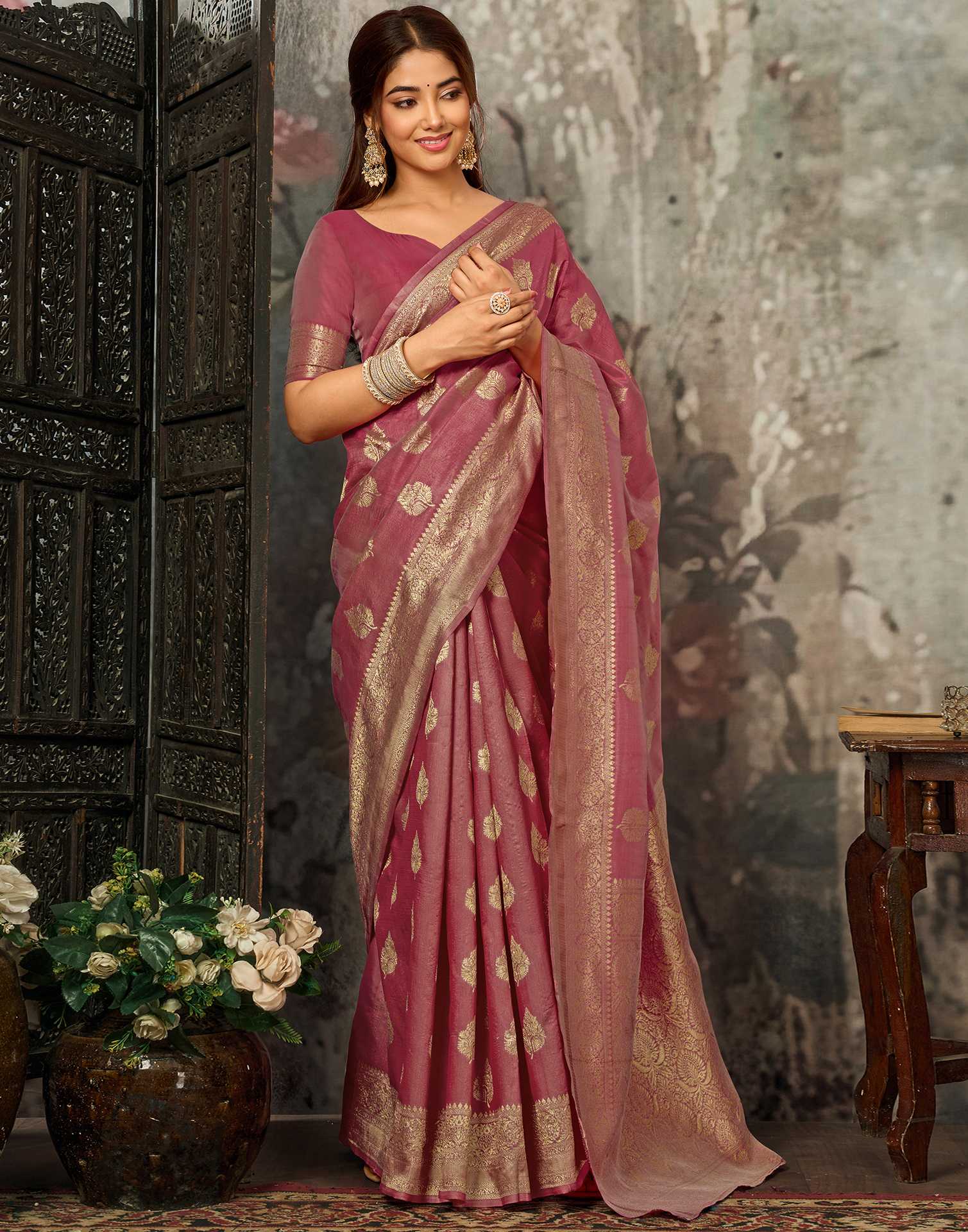 Dark Mauve Silk Woven Banarasi Saree