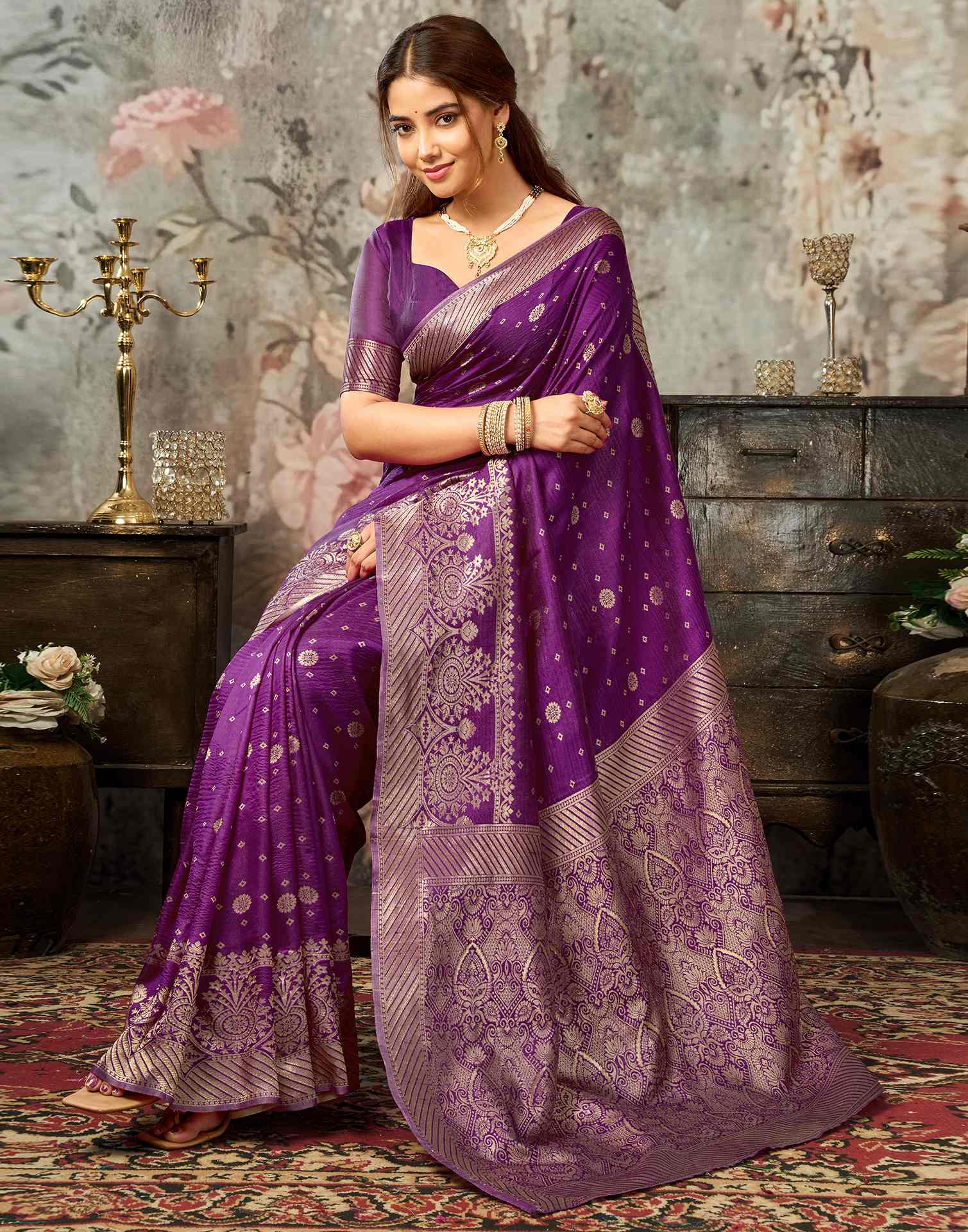 Dark Magenta Silk Woven Banarasi Saree