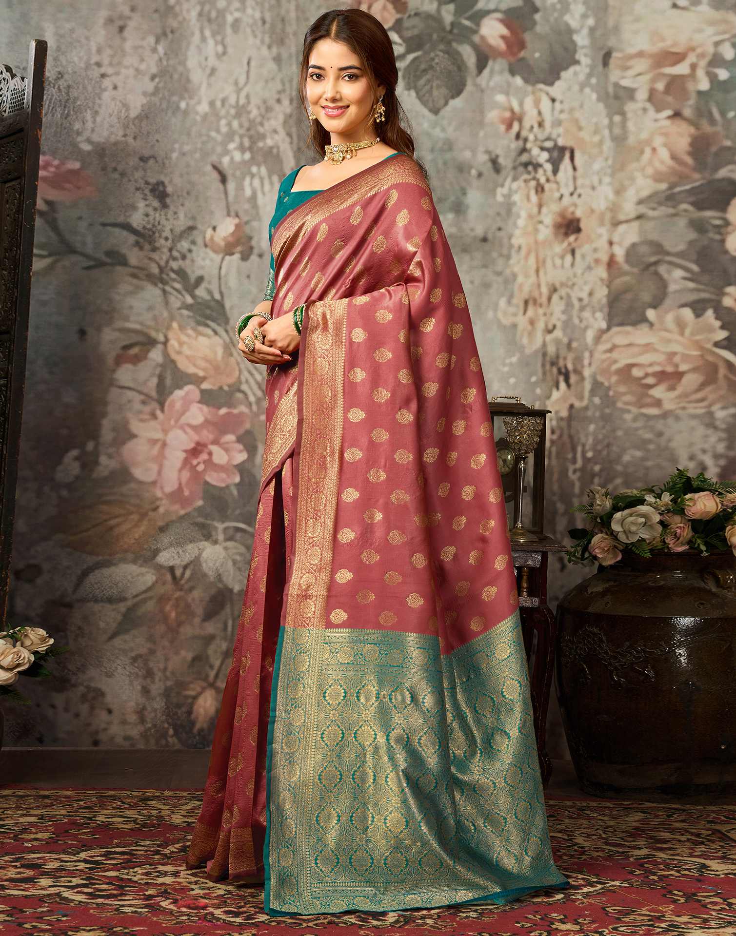 Dark Coral Peach Silk Woven Banarasi Saree