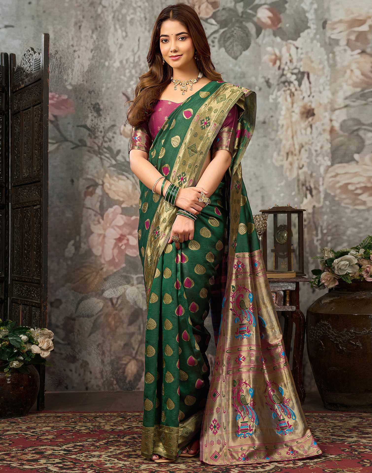 Dark Green Silk Woven Banarasi Saree