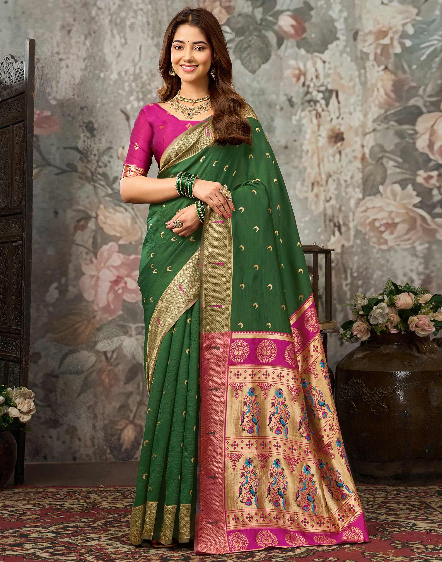 Dark Green Silk Woven Paithani Saree