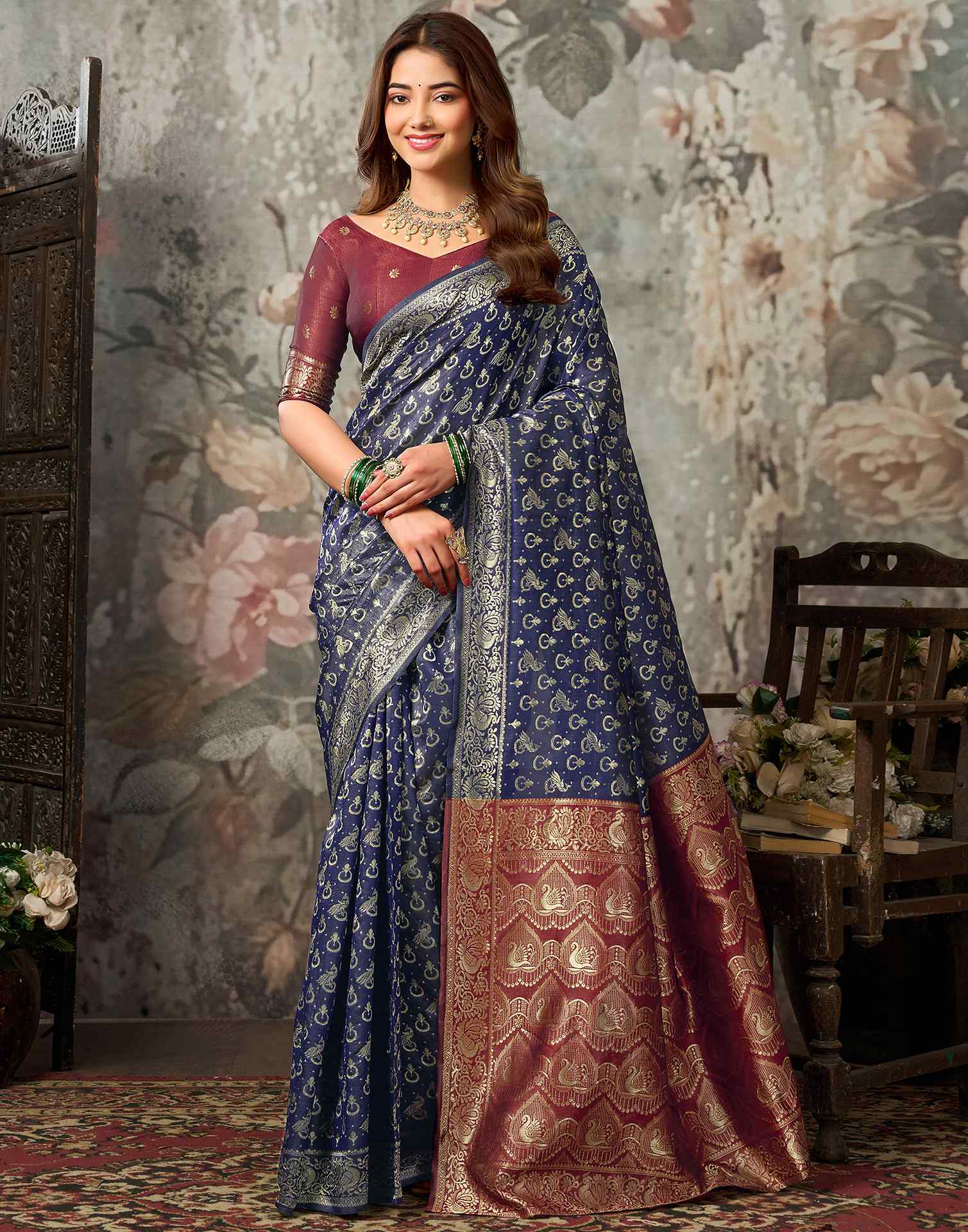 Navy Blue Silk Woven Banarasi Saree