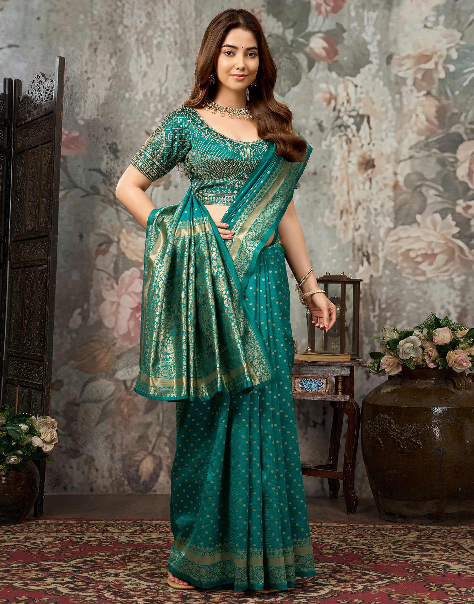 Teal Green Silk Woven Banarasi Saree
