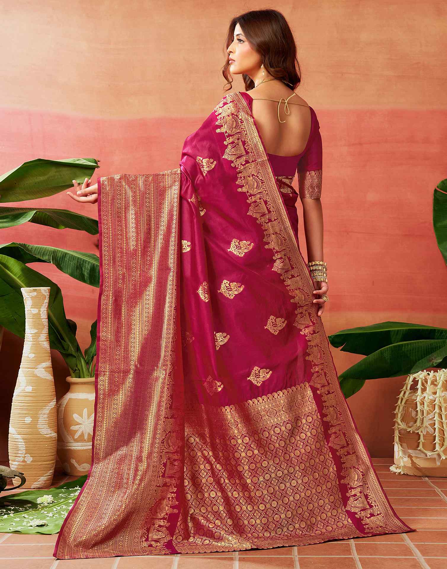 Dark Pink Silk Woven Banarasi Saree
