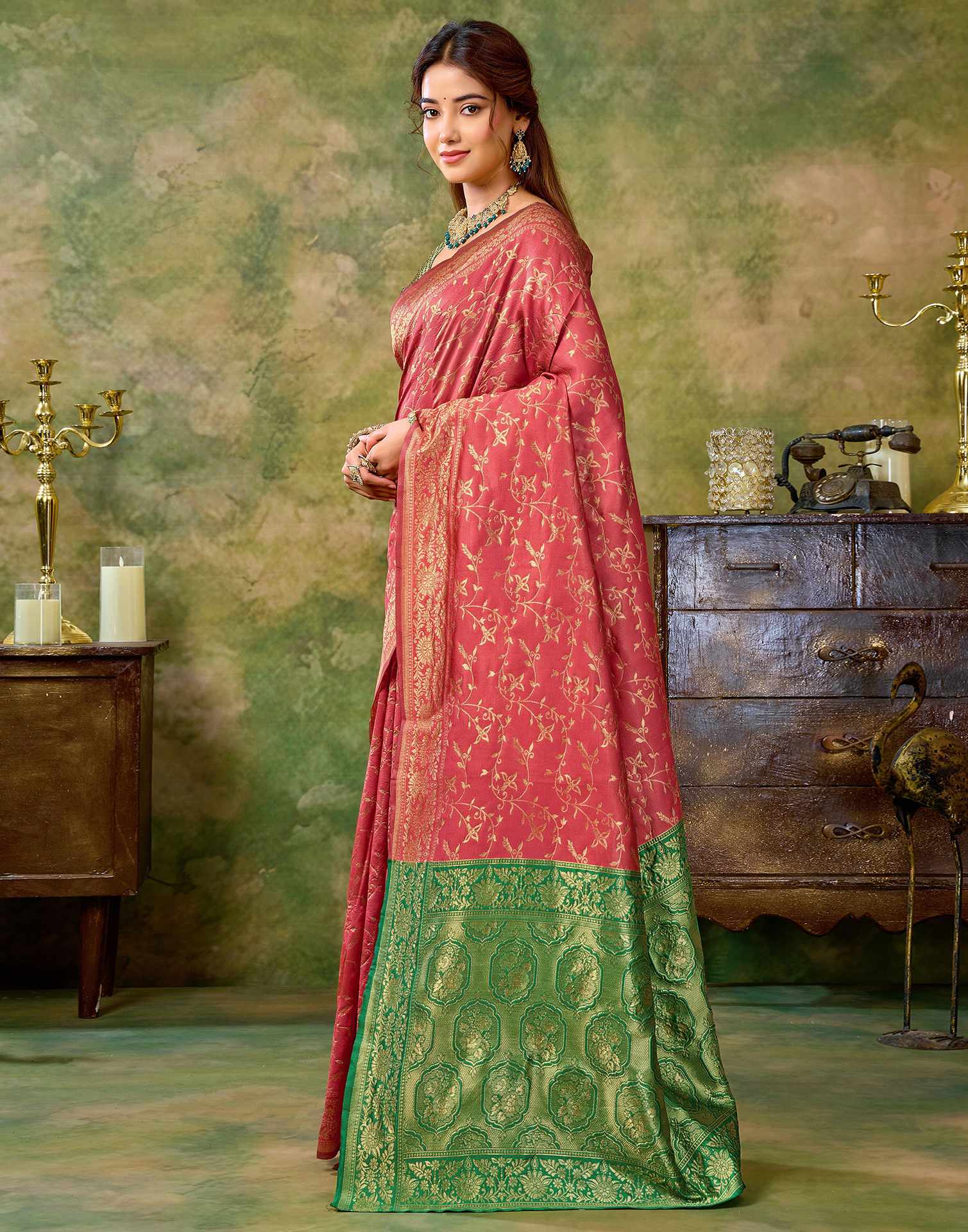 Coral Pink Silk Woven Banarasi Saree