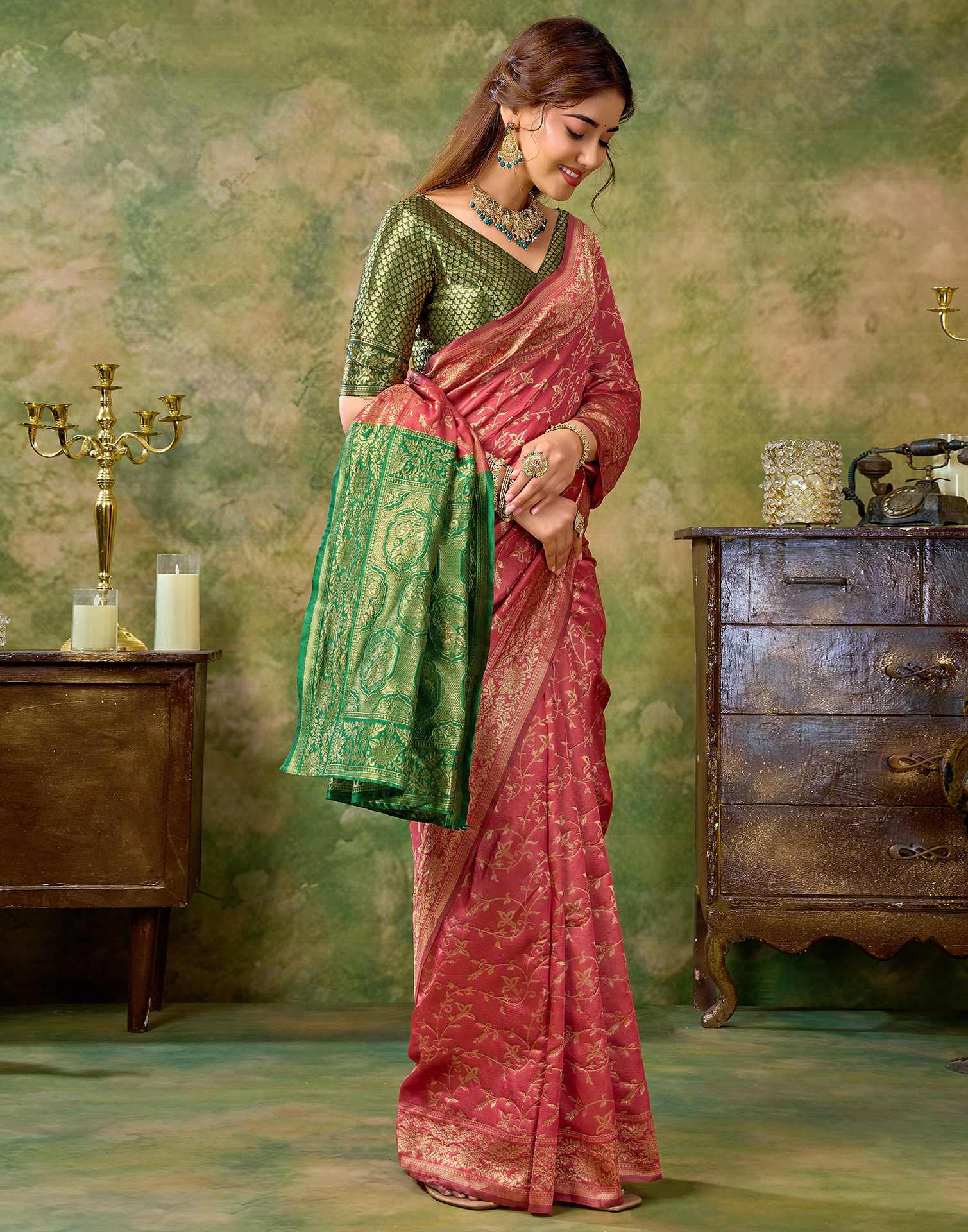 Coral Pink Silk Woven Banarasi Saree