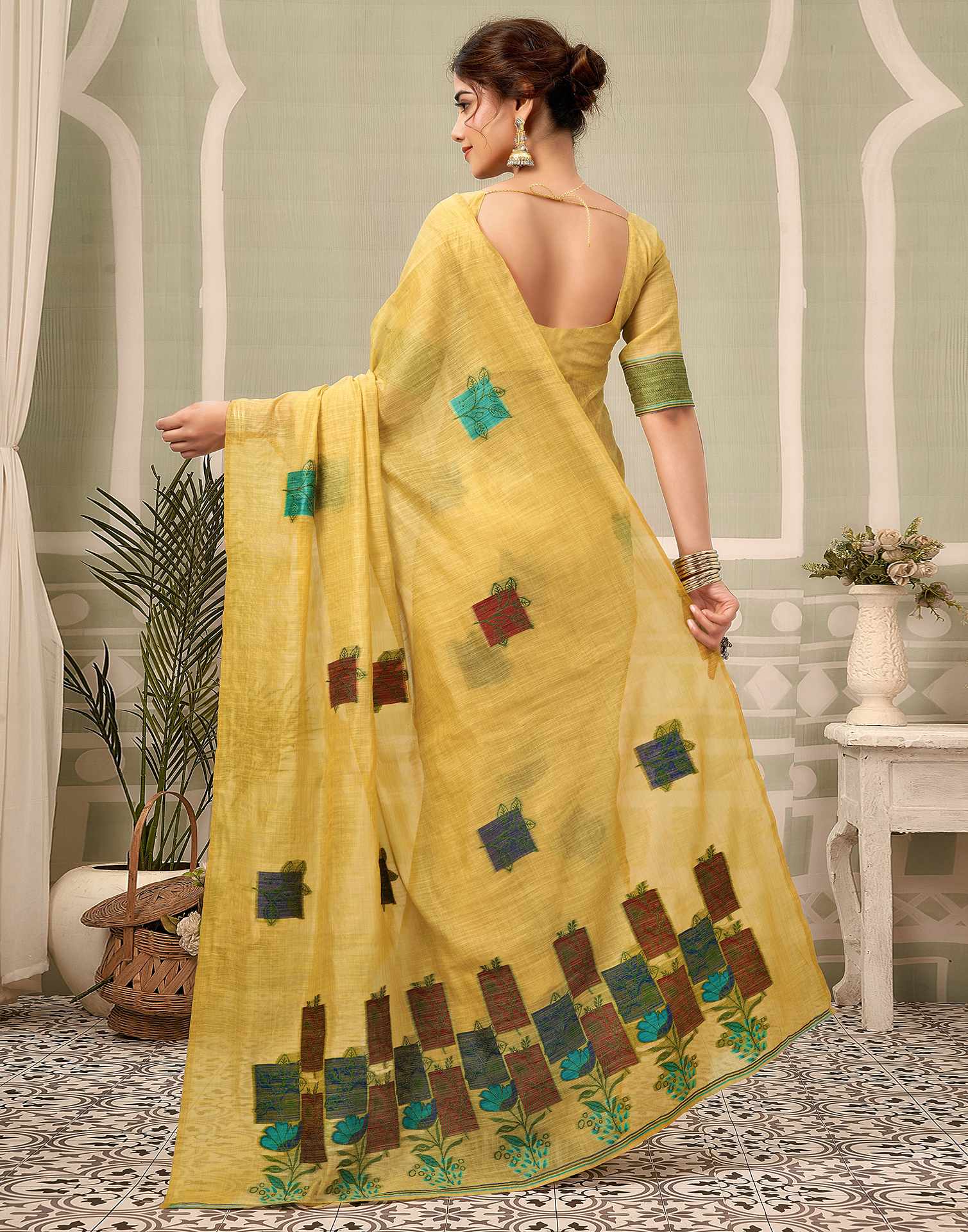 Yellow Chanderi Woven Saree