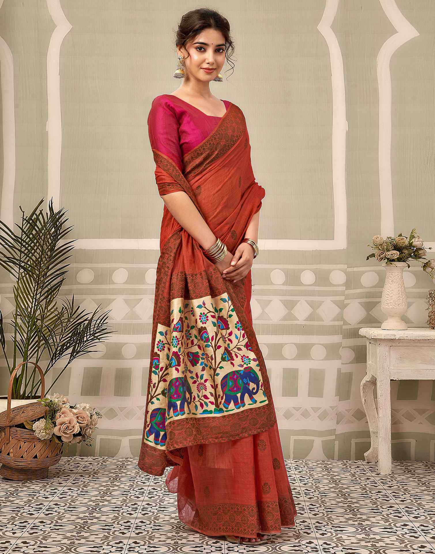 Rust Chanderi Woven Saree
