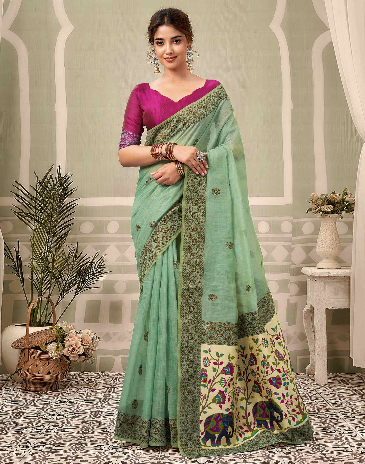 Dusty Mint Green Chanderi Woven Saree