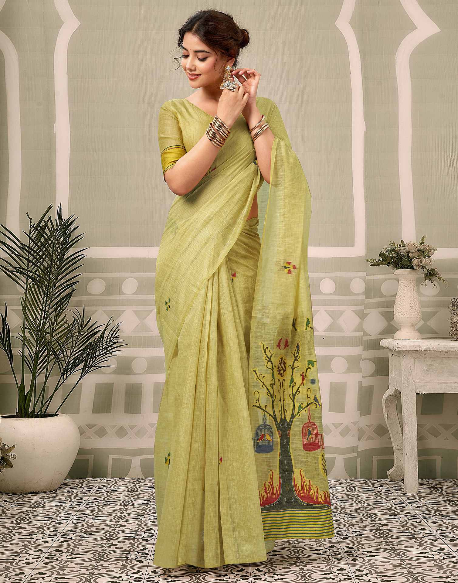 Beige Chanderi Woven Saree