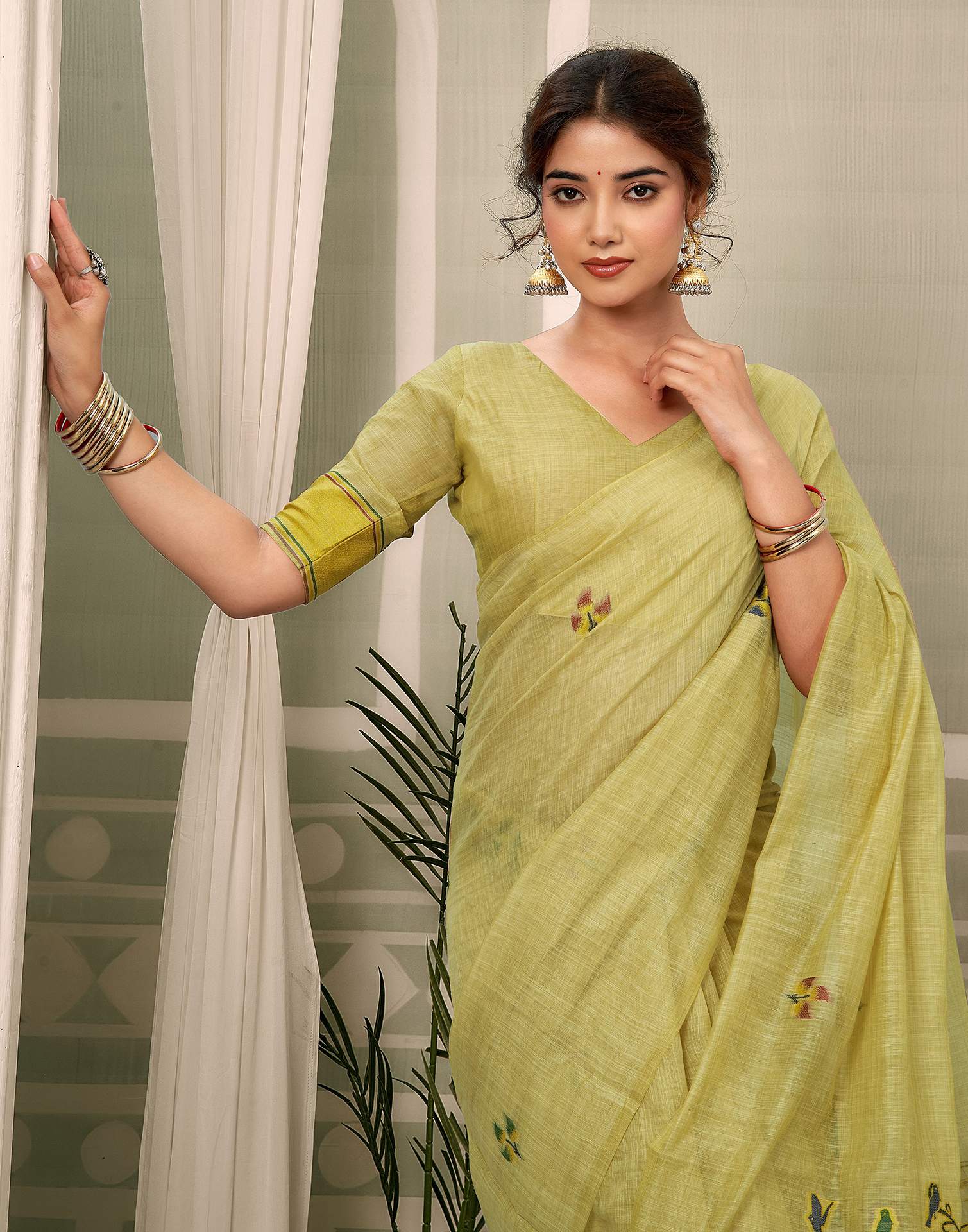 Beige Chanderi Woven Saree