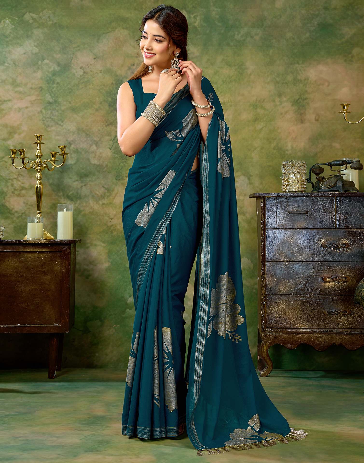 Rama Blue Georgette Foil Printed Saree