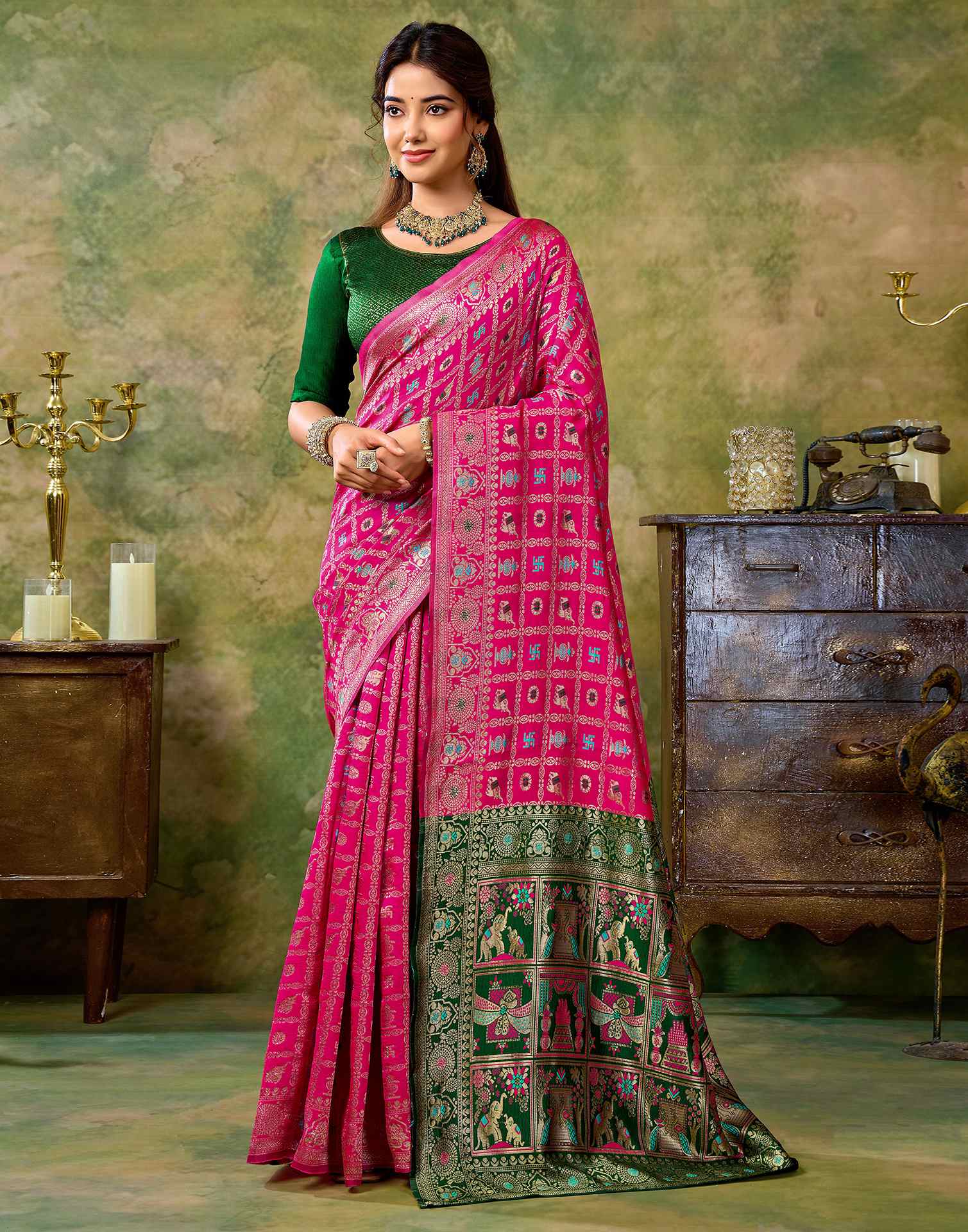 Rani Pink Silk Woven Patola Saree