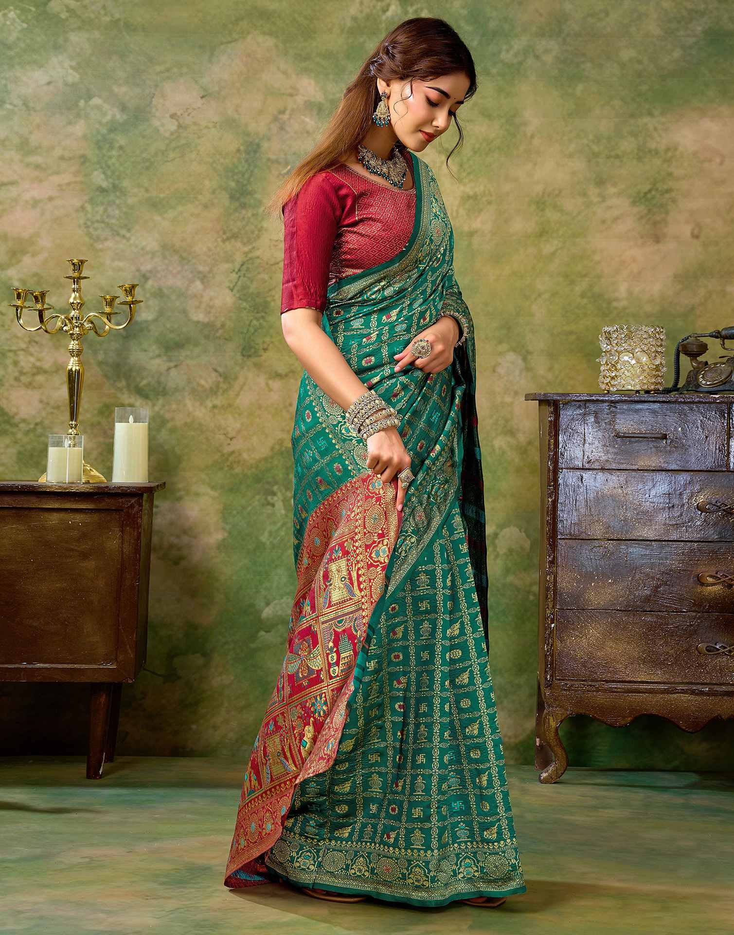 Teal Green Silk Woven Patola Saree