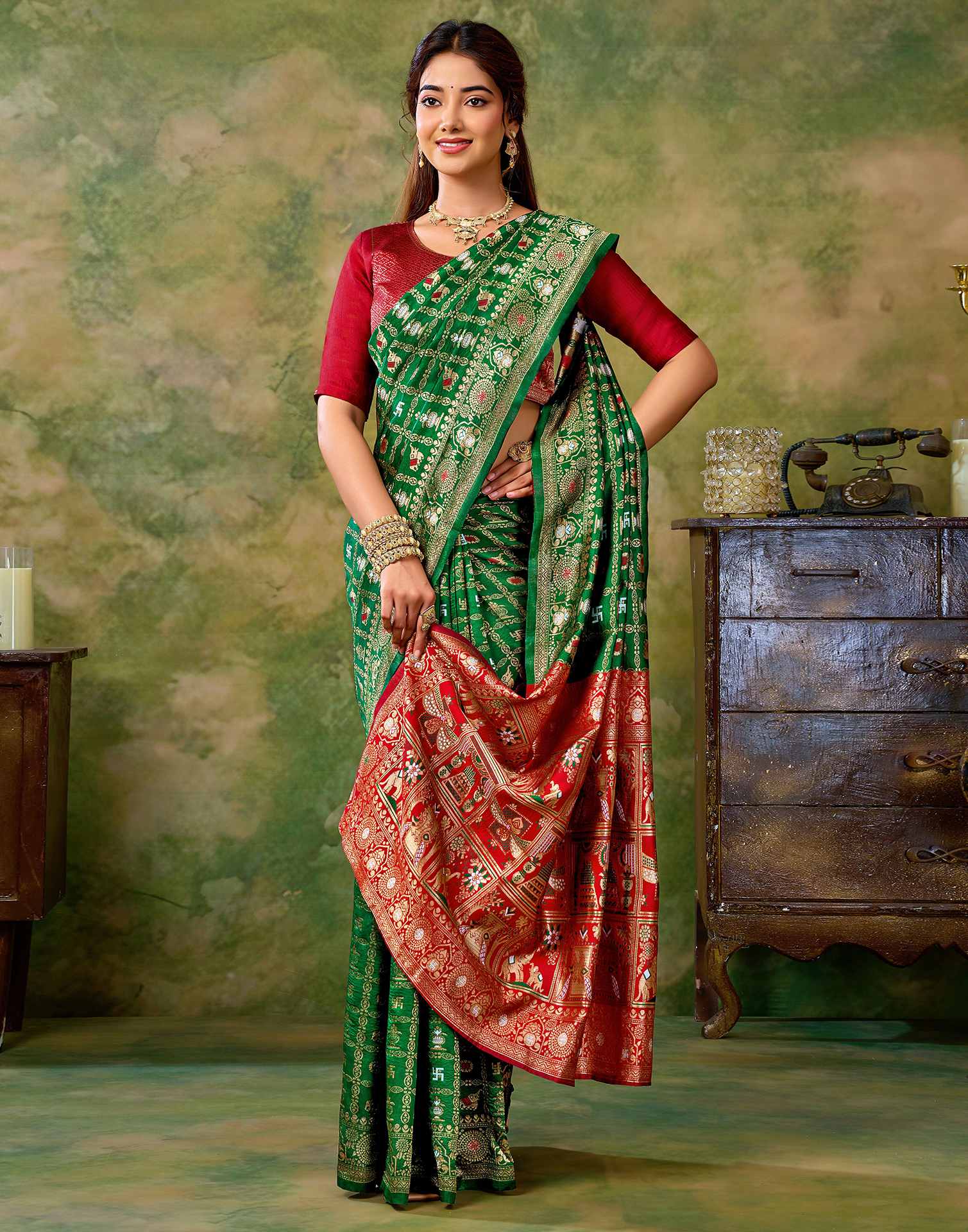 Dark Green Silk Woven Patola Saree