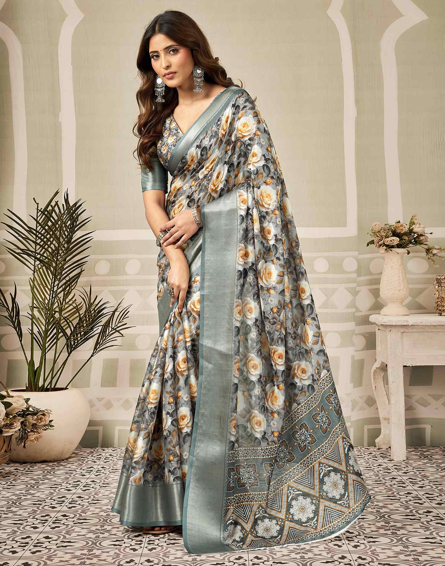 Multicoloured Silk Floral Printed Saree